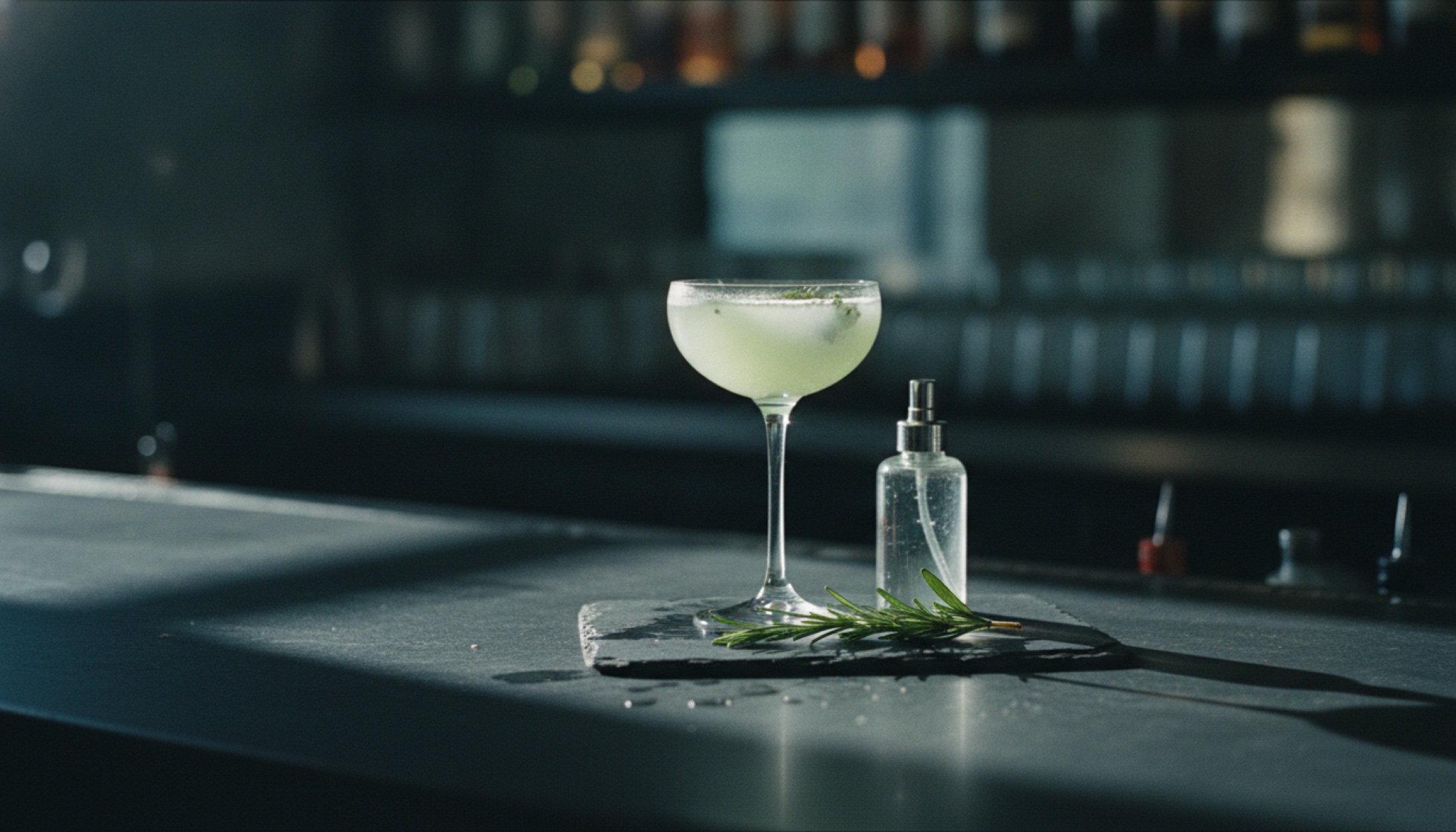 Barmen elinden çıkma petrichor kokteyli, sprey ve bitkisel malzemeler barlık üzerinde