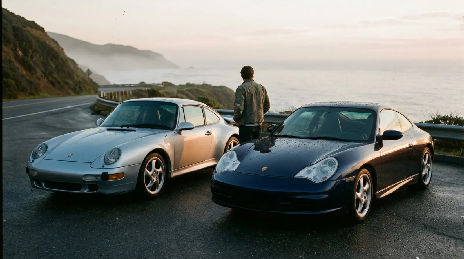 Klasik hava soğutmalı Porsche 911 ile modern 992 nesli yan yana, arka motor kapağı açık