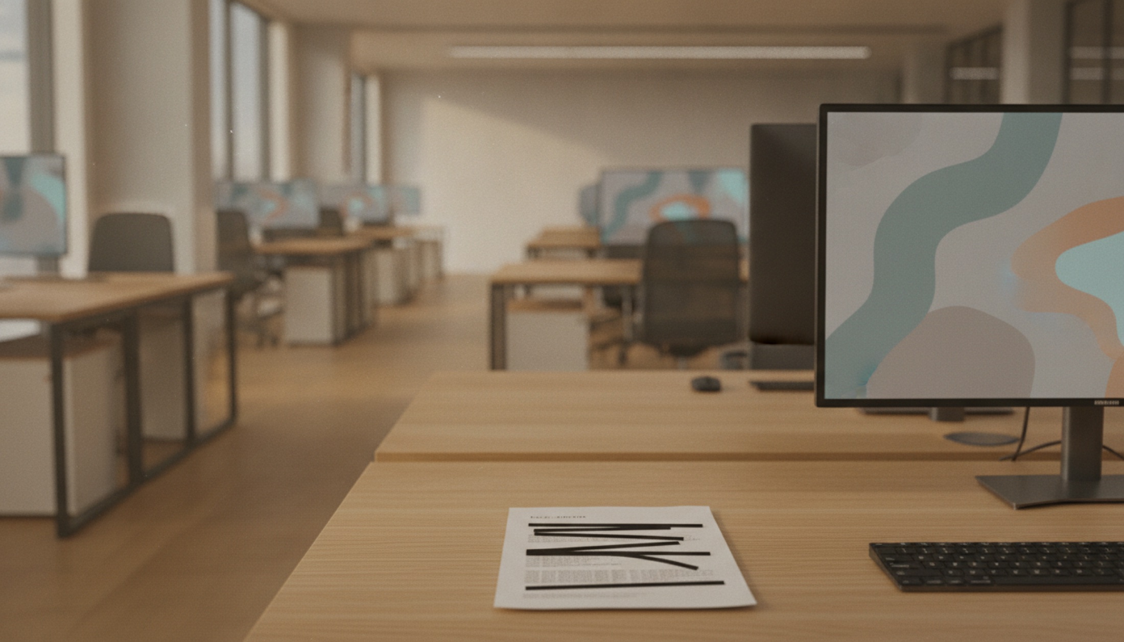 Modern ofis ortamında bulanık ekranlar ve basılı rapor, insansız geniş açı