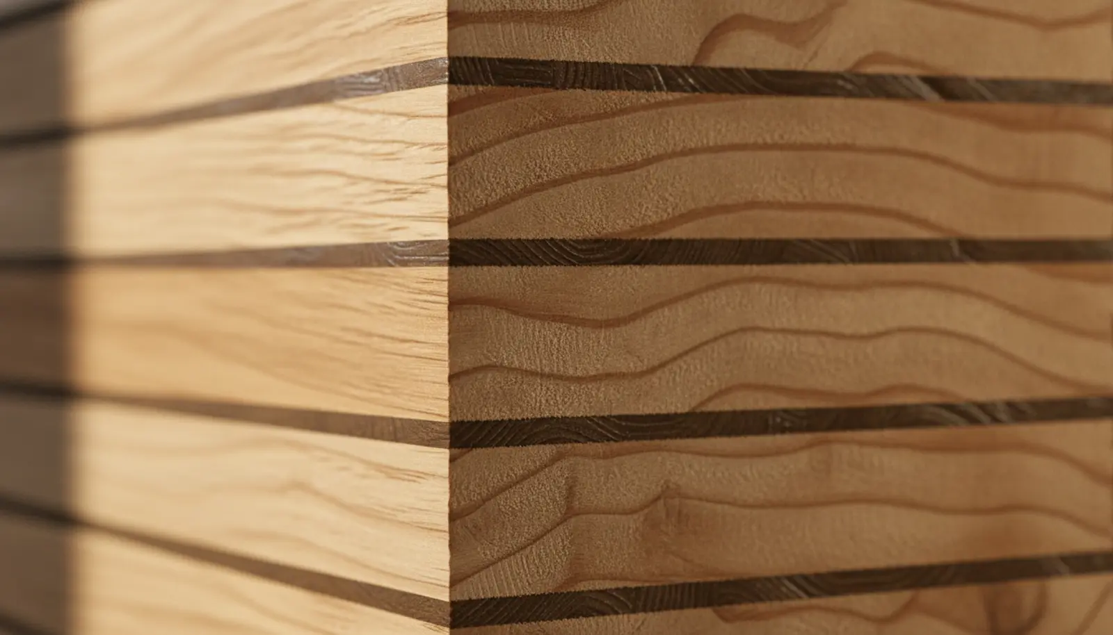 CLT panelinin kesit detayı: yapıştırılmış ahşap katmanlar ve tahta lif dokusu