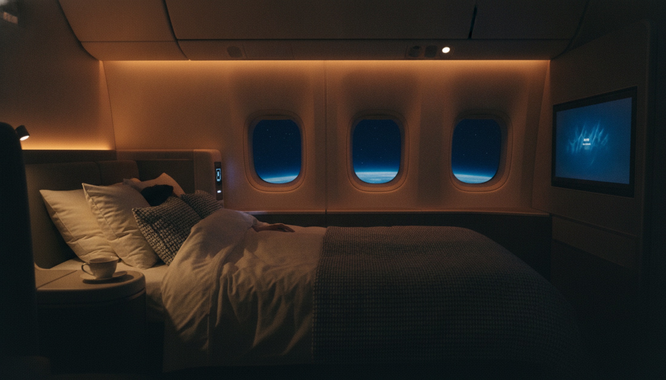 Modern first class uçak süiti, gece uçuşunda tam yatay konumda düzenlenmiş yatak ve geniş kabin alanı