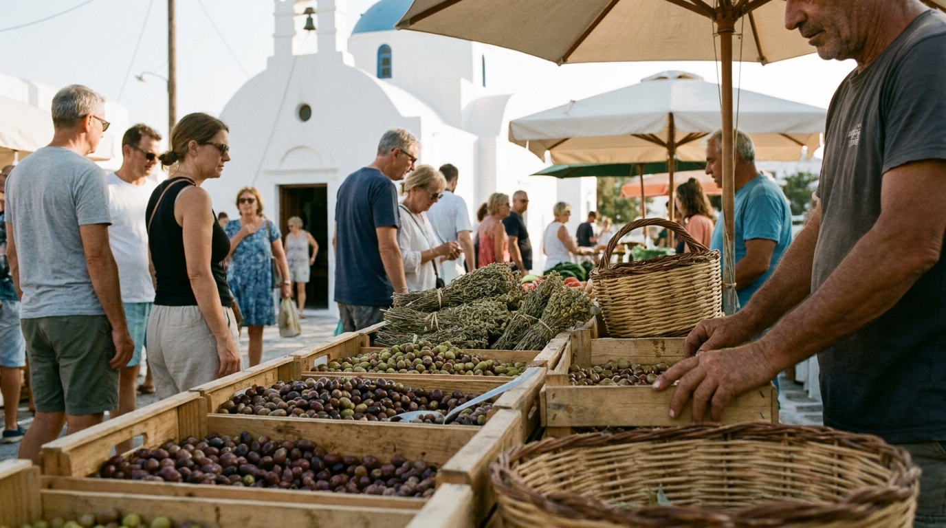 Ano Mera köyünde bir pazar tezgahı, üzerinde zeytin çeşitleri, otlar ve el yapımı sepetler, arkada beyaz badanalı bir kilise.