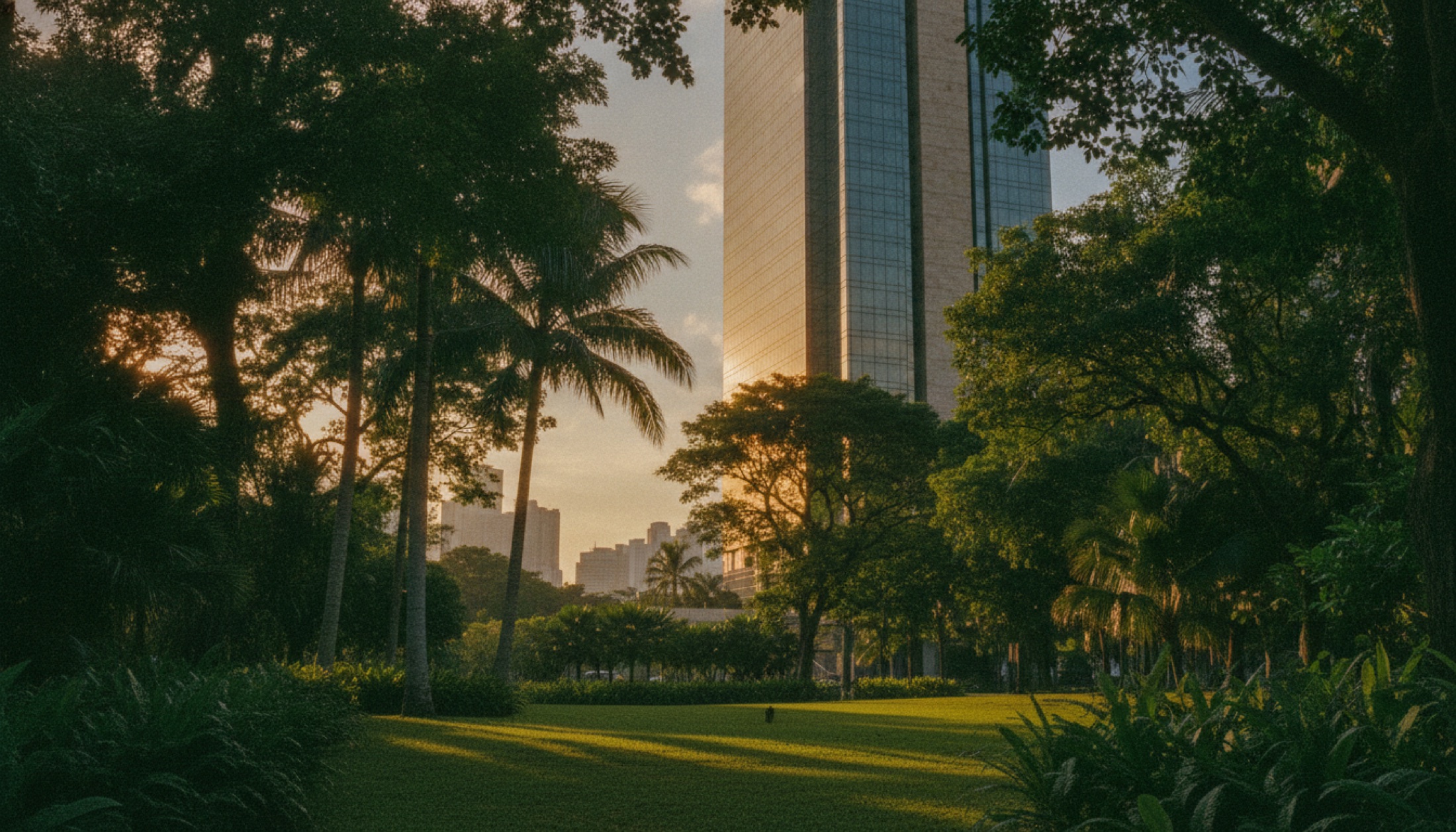 Bangkok tropikal parkının içinden ağaç örtüsünün üzerinde yükselen modern otel kulesi, öğleden sonra altın ışığında