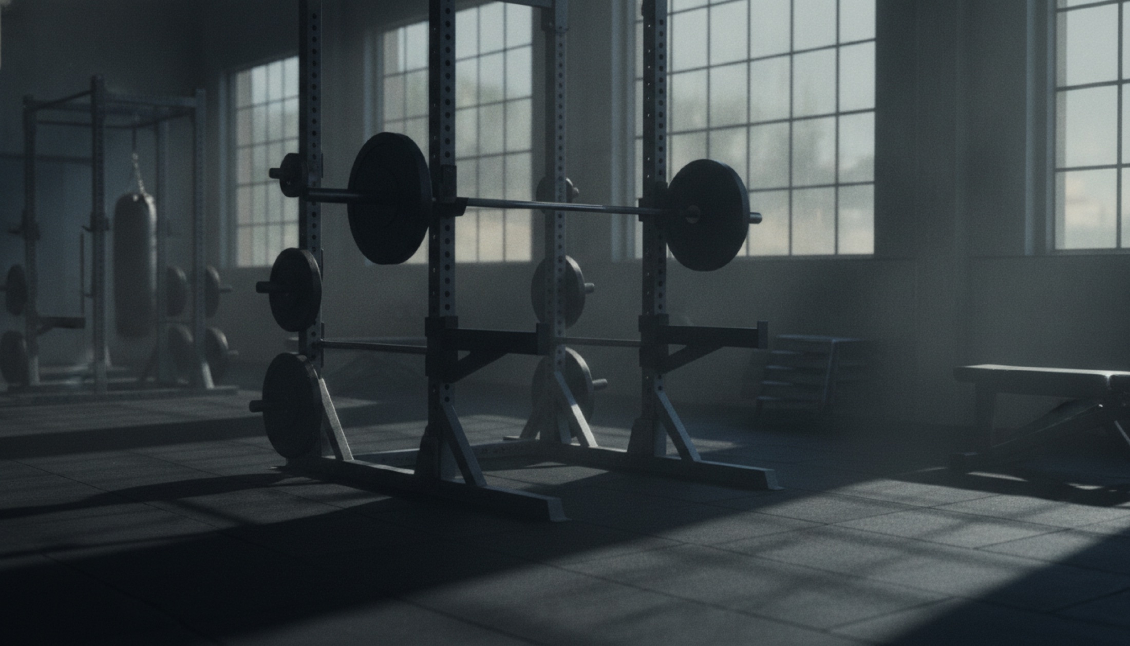 Sabah ışığının süzdüğü boş bir spor salonunda ağırlık yüklü barbell