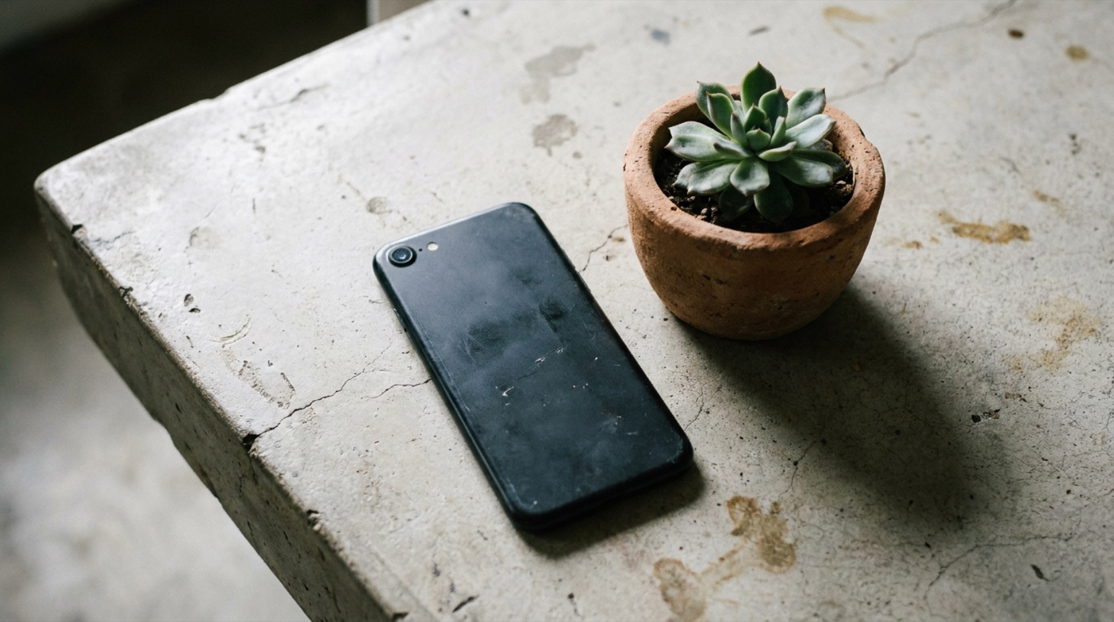 Beton masa üzerinde yüzüstü duran iPhone, yanında taş saksıda küçük sukulent, difüz doğal ışık.