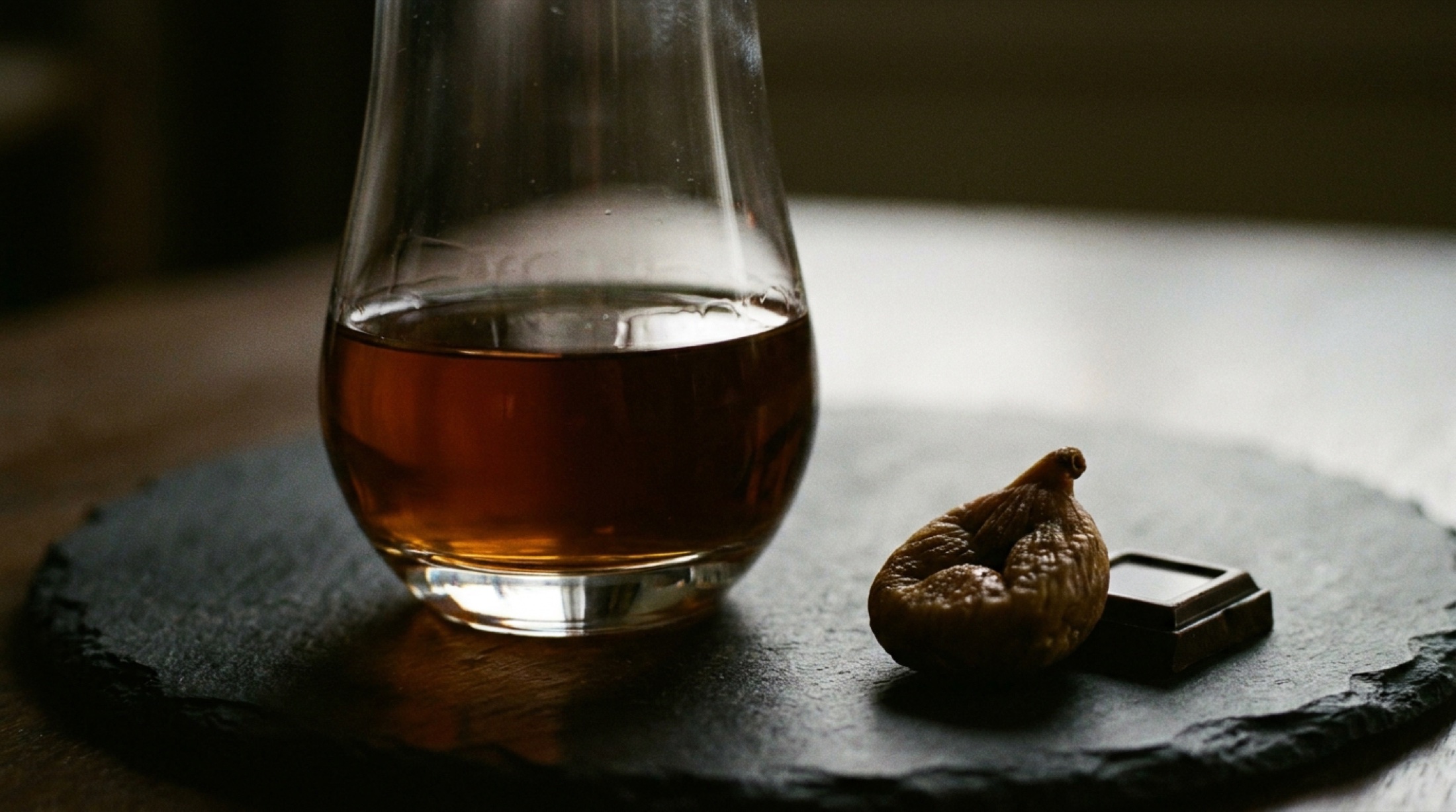 Koyu kehribar renkli bir dram Ardbeg Dolce, arka ışıkla parlayan cam ve yanında kuru incir