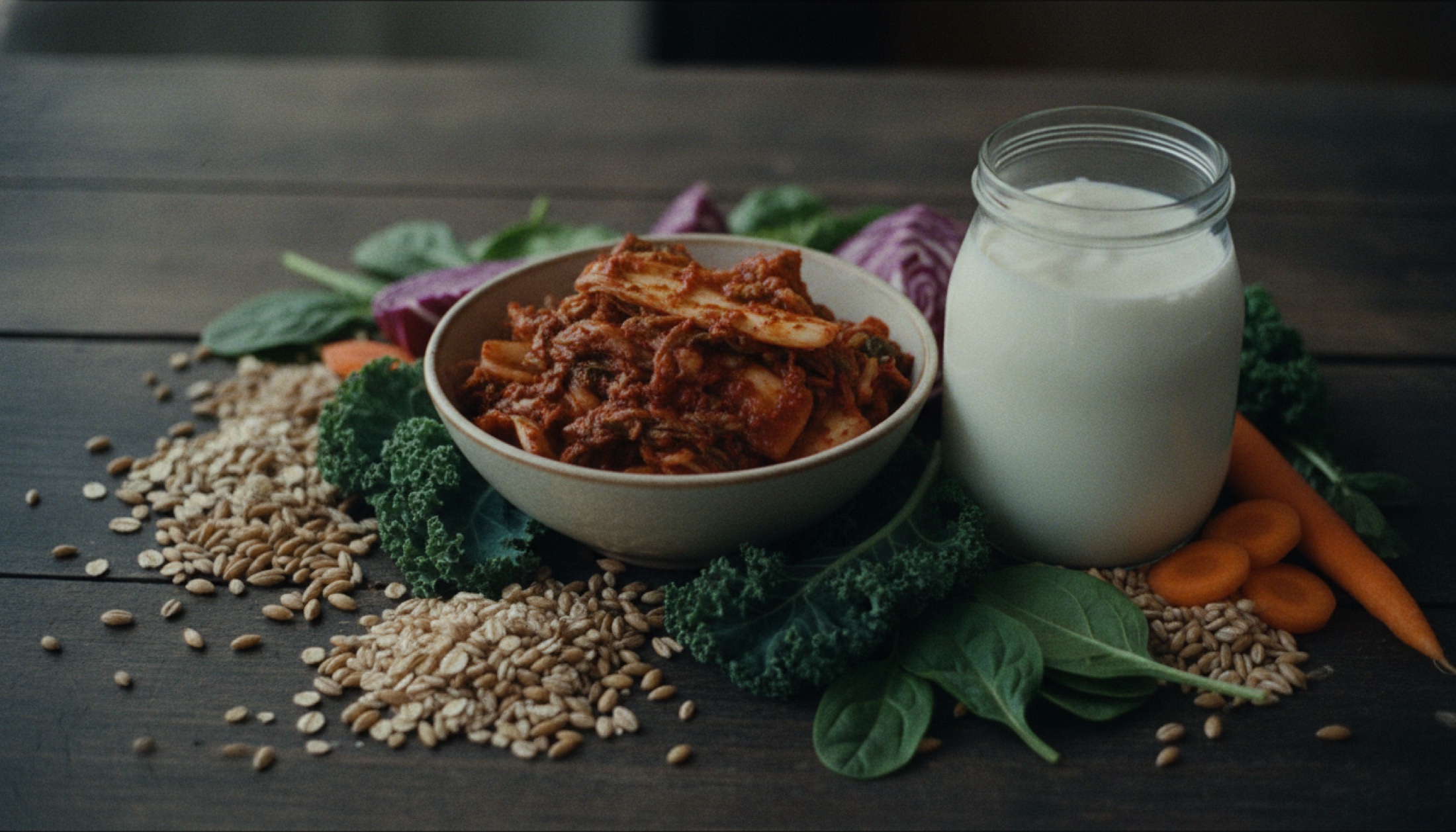 Fermente gıdalar ve lif açısından zengin sebzeler: kimchi, kefir kavanozu, tam tahıllar ve yapraklı yeşillikler, koyu ahşap yüzey üzerinde tek taraflı ışık.