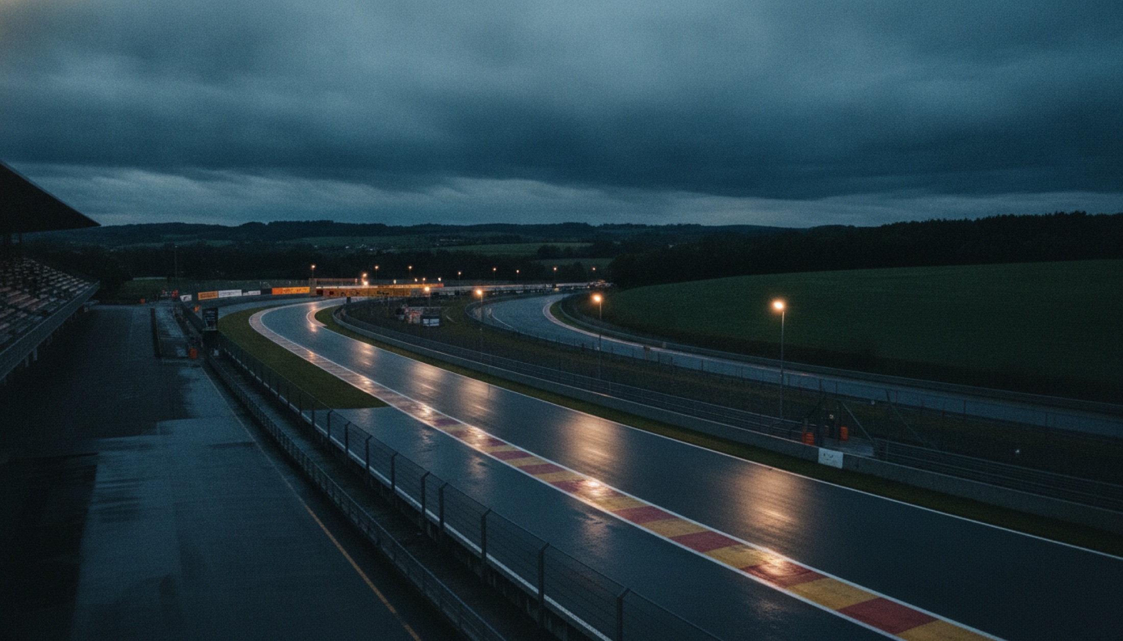 Spa-Francorchamps'ta Kemmel Düzlüğü alacakaranlıkta, ıslak asfalt ışıkları yansıtıyor