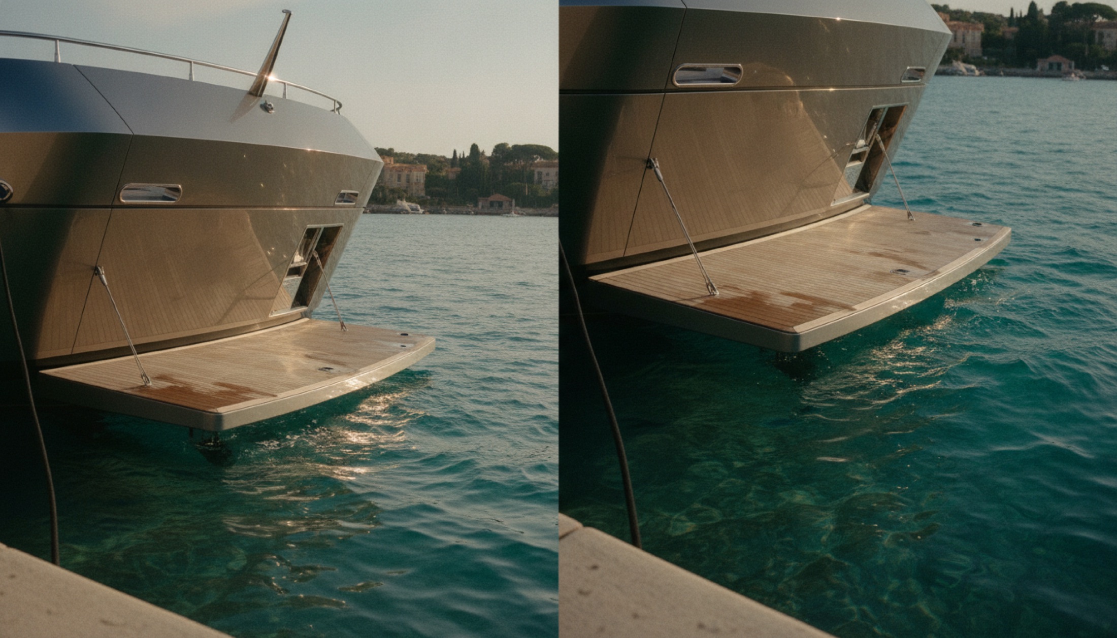 Port Hercule'de demirlemiş 50 metrelik bir superyatın pruvasına alçak açıdan bakış; ikinci görsel için: tik güverte ve yüzme platformunun deniz seviyesinden detay çekimi