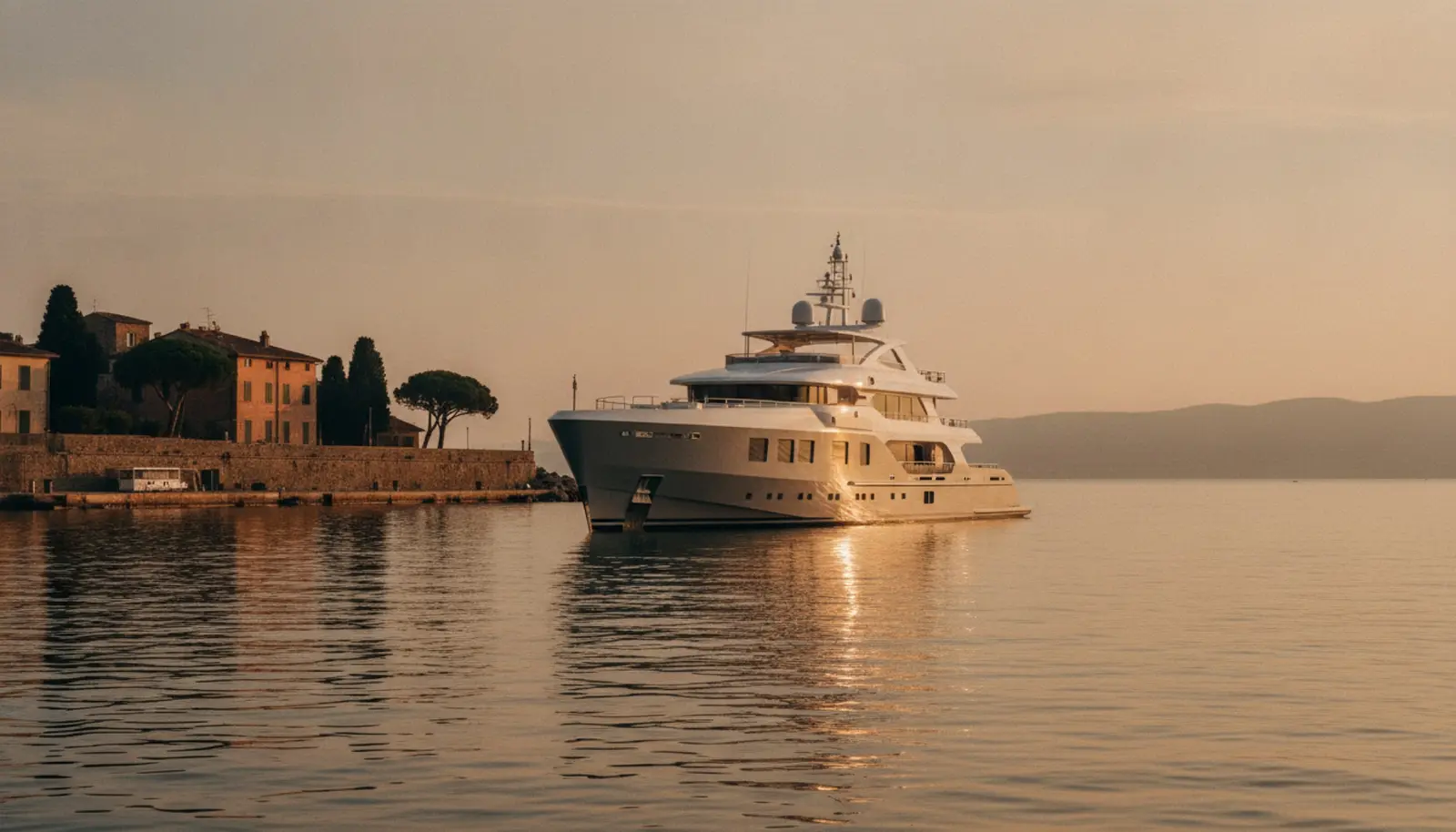 Benetti Inari 50m motor yat, Livorno limanında altın saatte