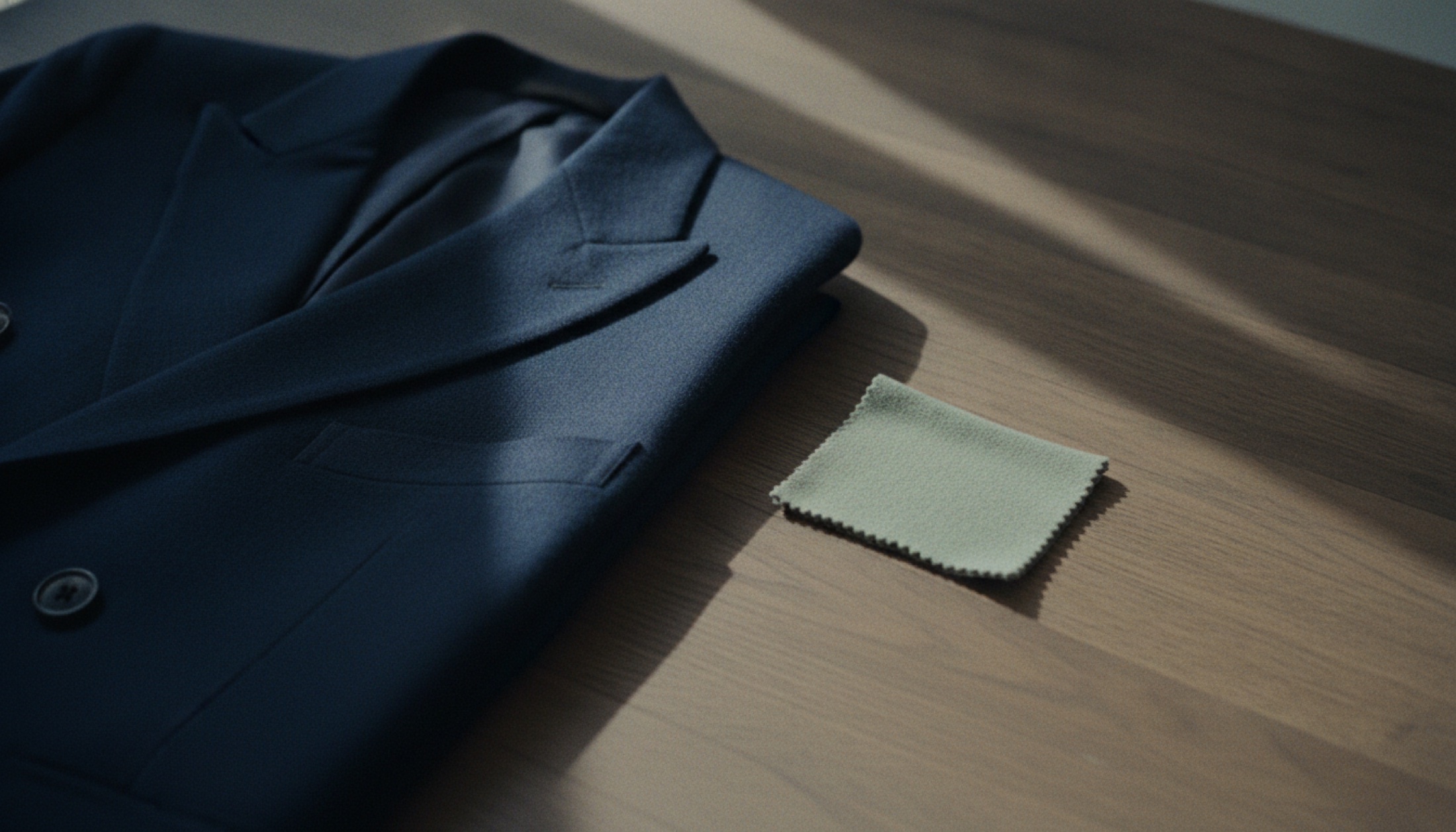 Boglioli FW26 çift sıra düğmeli ceket ve açık yeşil regenerated cashmere kumaş detayı, koyu meşe zemin üzerinde
