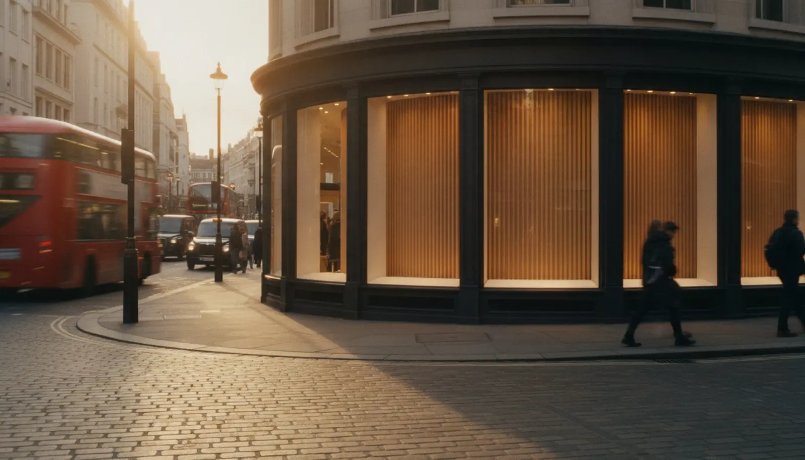 Boglioli'nin Londra New Bond Street köşesindeki yeni flagship mağazasının dış cephesi, beş vitriniyle gün batımı ışığında