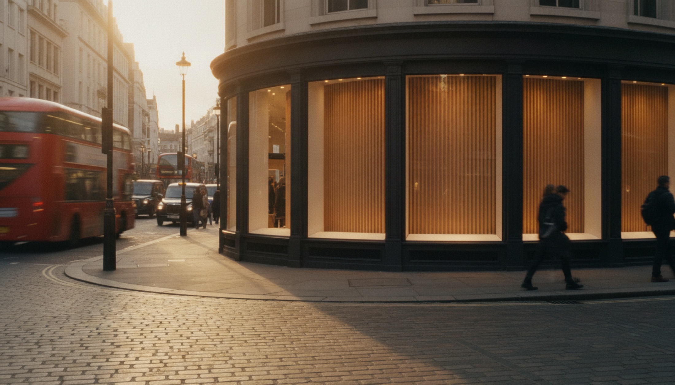 Boglioli'nin Londra New Bond Street köşesindeki yeni flagship mağazasının dış cephesi, beş vitriniyle gün batımı ışığında