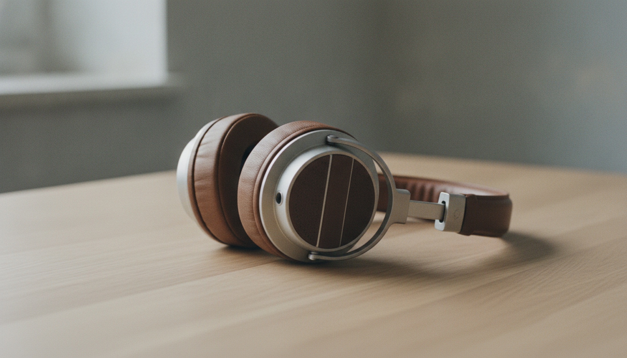 Bowers & Wilkins Px8 S2 deri ve alüminyum detay, minimal ahşap zemin