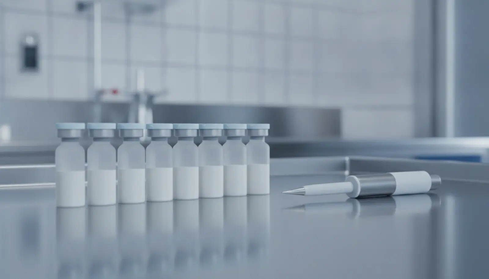 Laboratuvar tezgahı üzerinde etiketli kriyojenik viyal sırası, klinik ışık altında yakın çekim