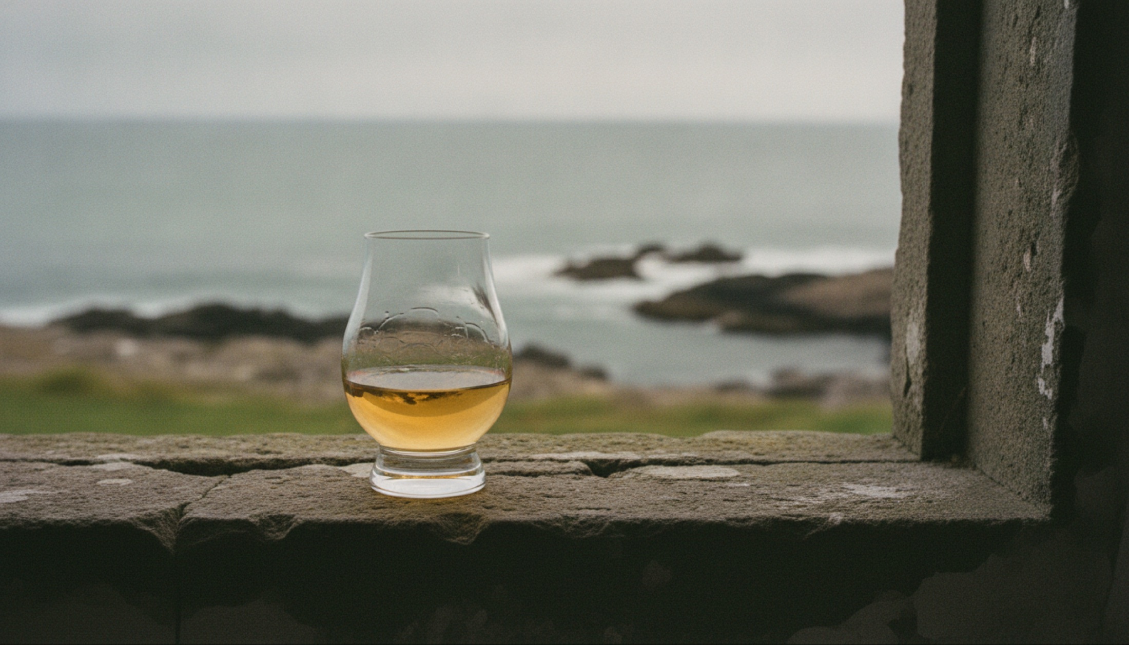 Bruichladdich Old Skool 10yo, soluk kehribar renginde bir kadeh olarak Islay kıyısına bakan bir damıtmaevi penceresinde