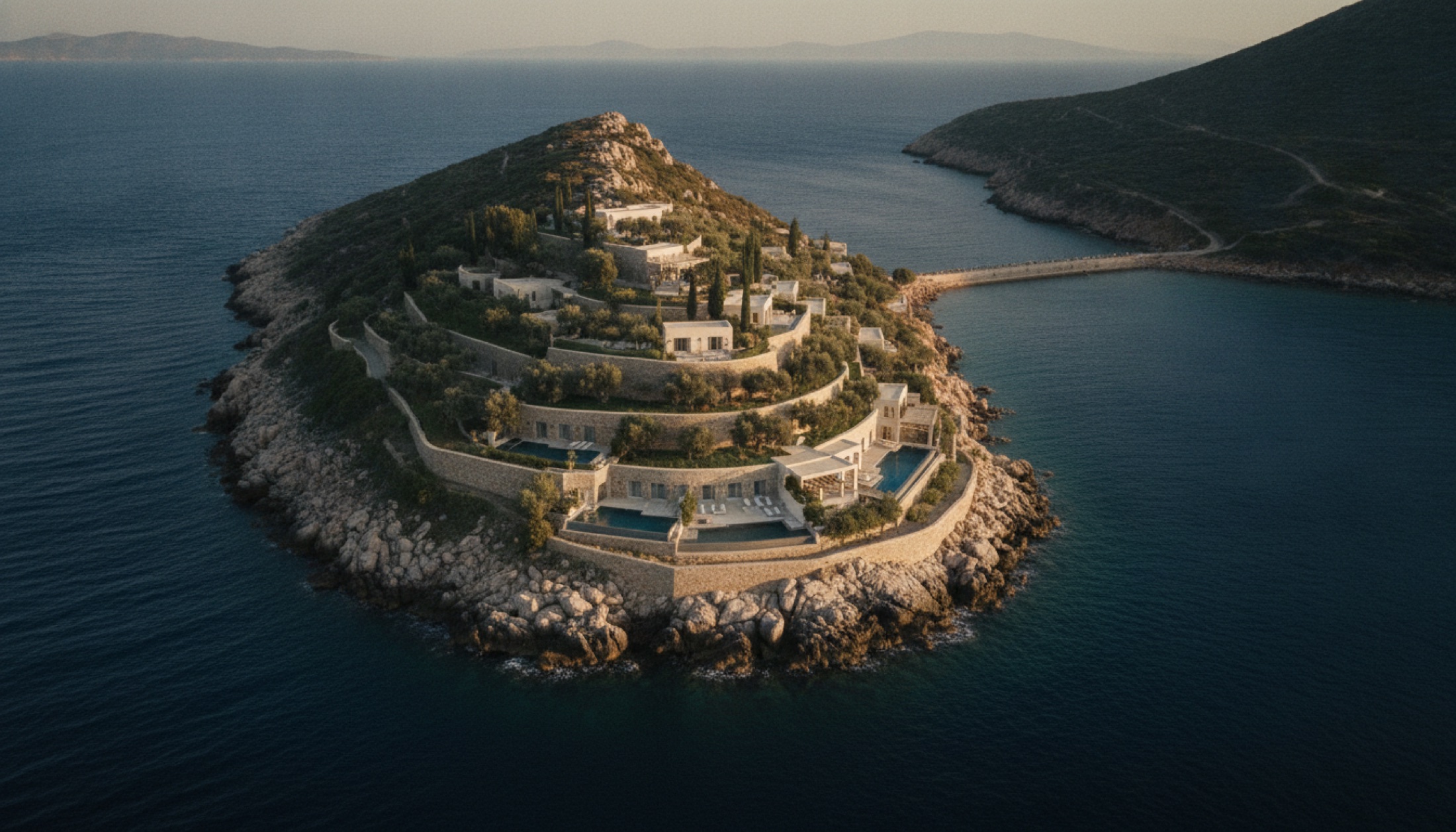Ege yarımadasında teraslı bir tatil kompleksi, altın saatte kuşbakışı