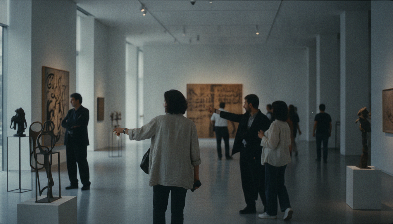 Çağdaş sanat galerisi, soyut tablo ve modern mekân kompozisyonu