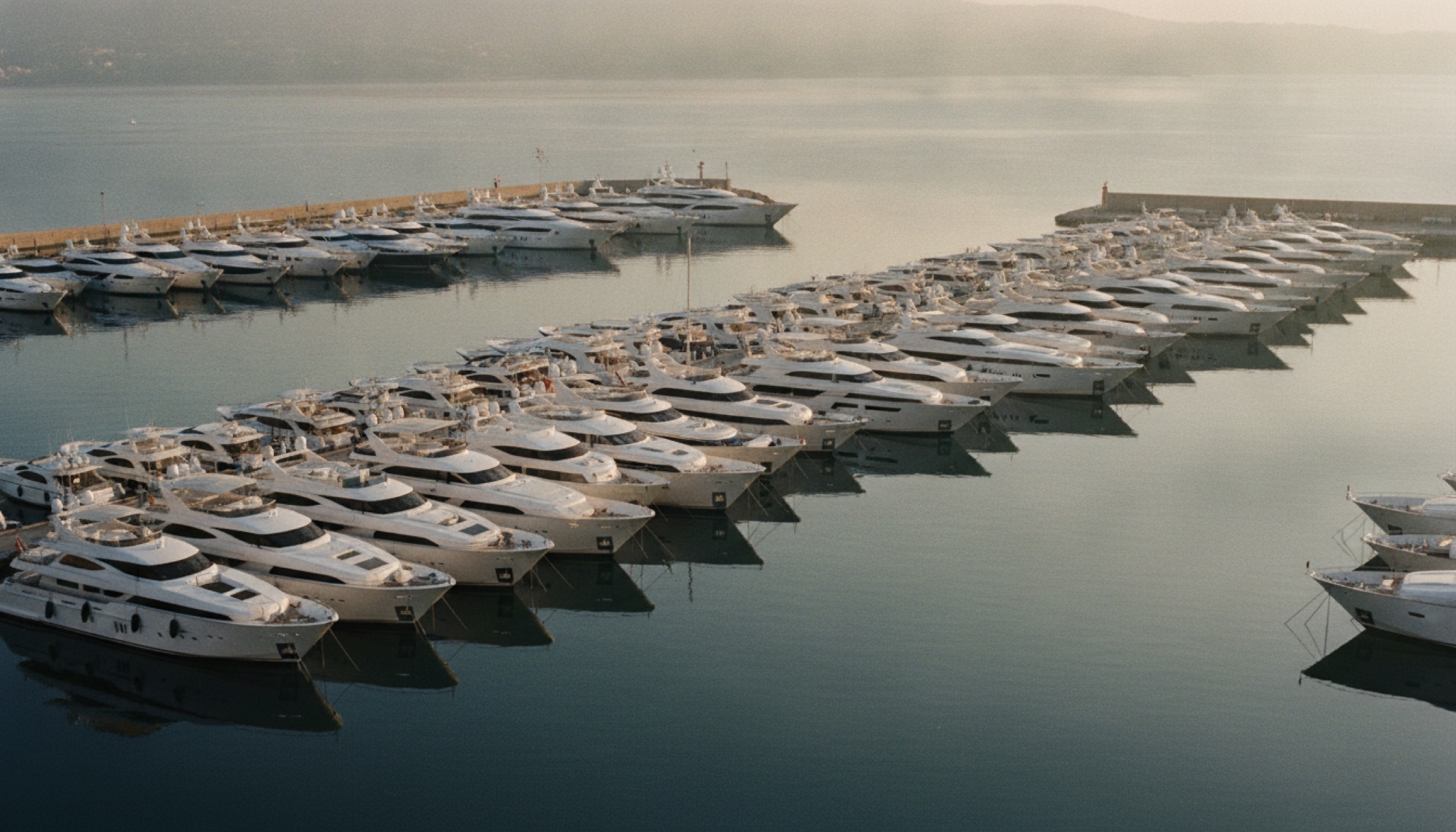 Cannes limanında sabah ışığında sıralanan superyatlar, hava fotoğrafı