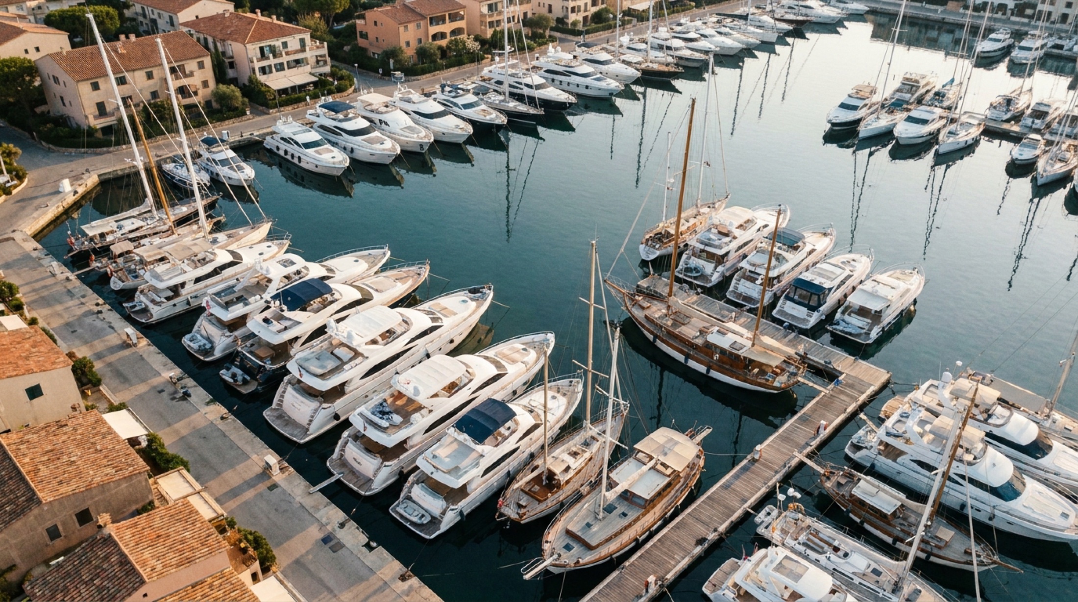 Cannes Port Canto marinasında kıç kıça yanaşmış süperyatlar, altın saat ışığında havadan görünüm