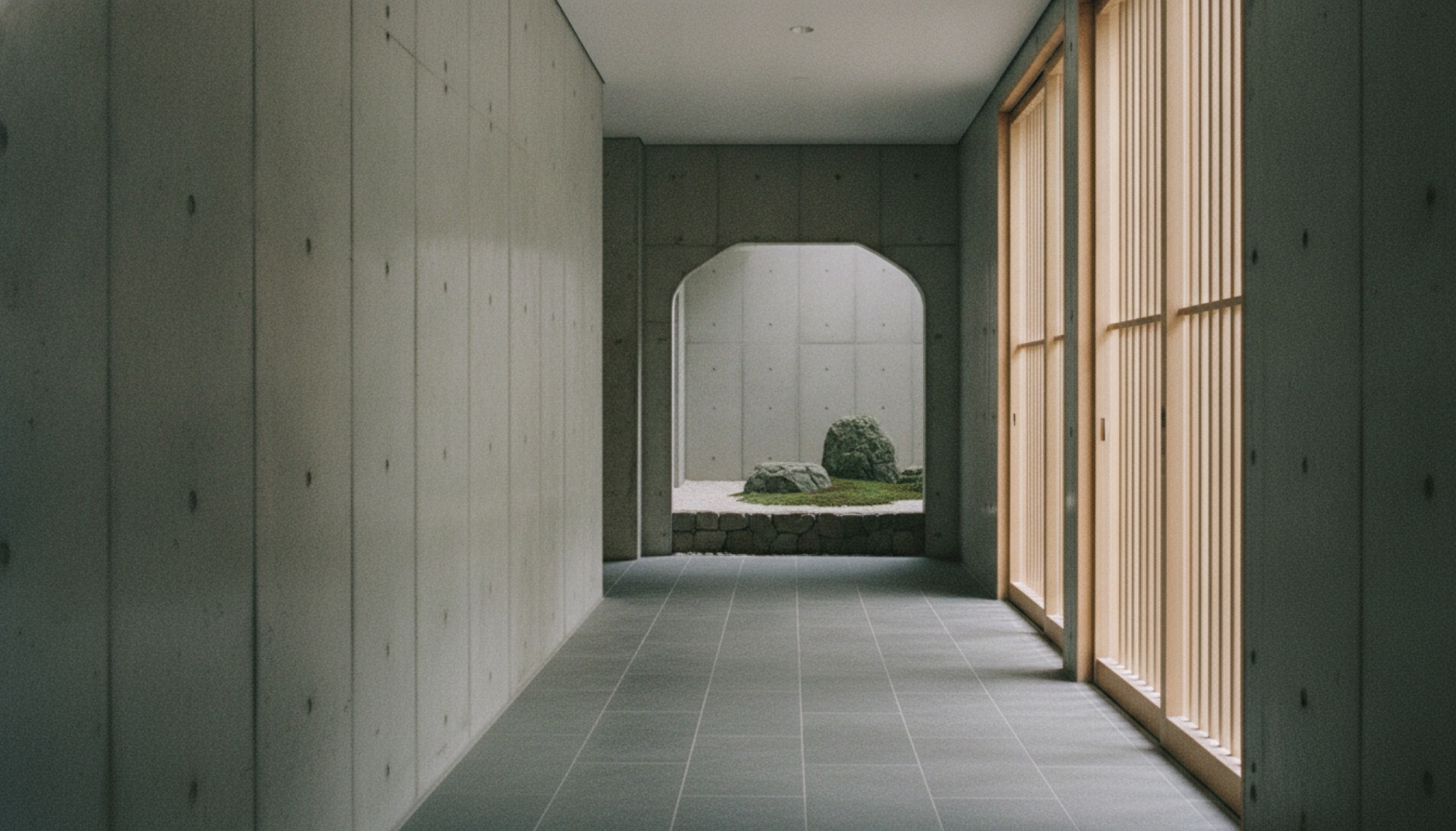Ahşap kafes ekranların ardından bahçeye açılan minimalist Japon otel koridoru