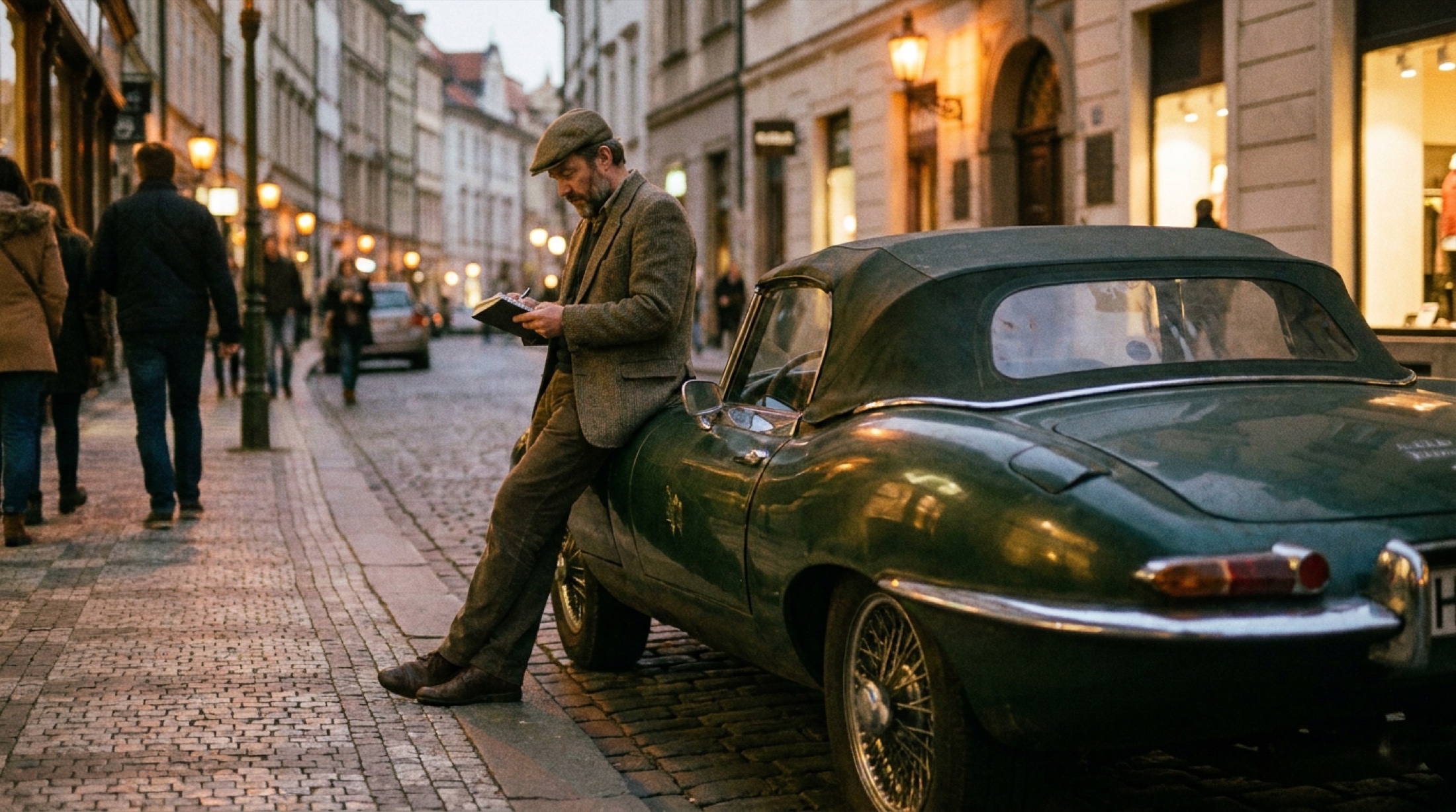 1961 Jaguar E-Type Roadster'ın ön profilden görünümü, uzun kaput ve dar yatık ön camı