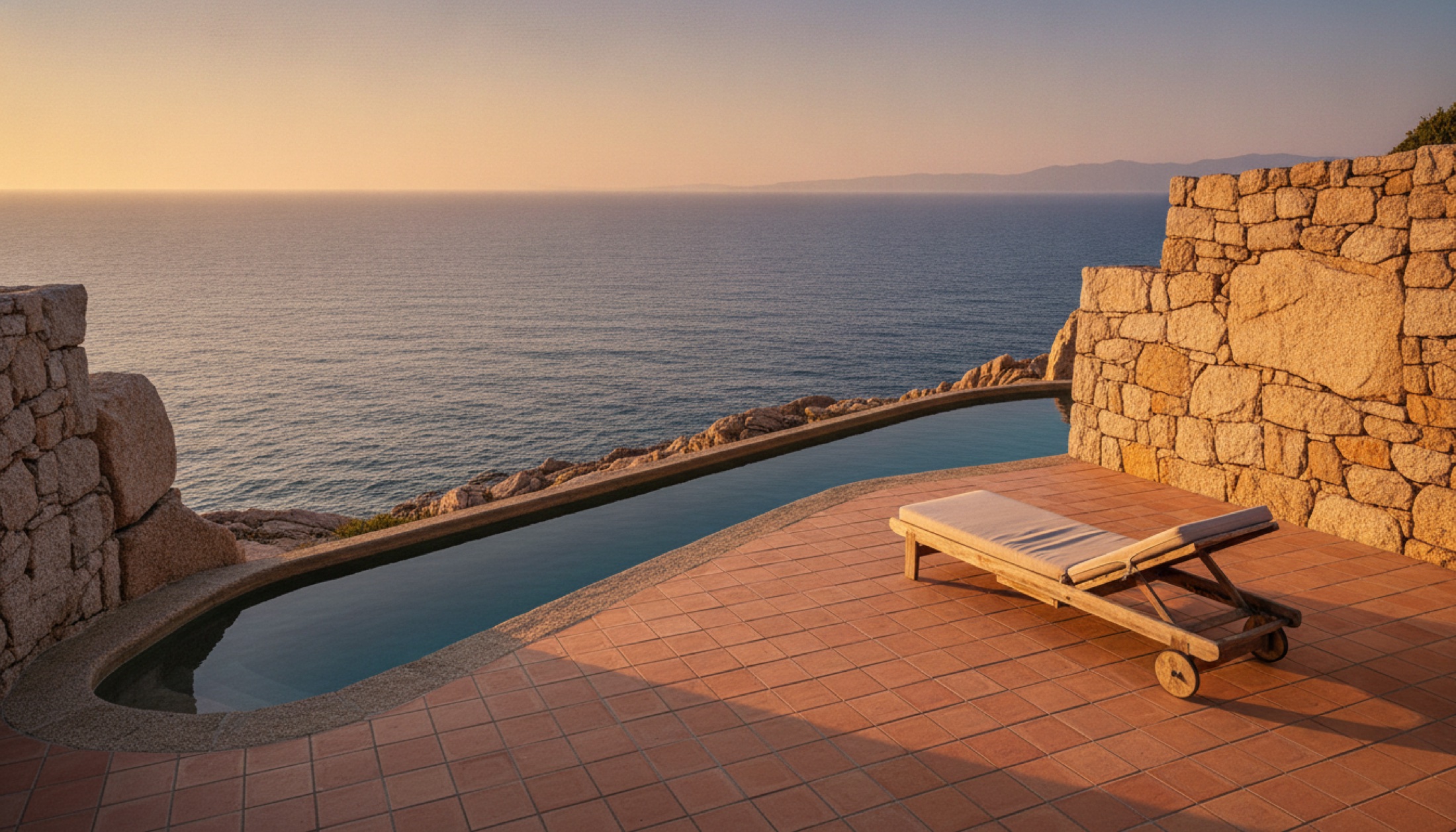 Costa Smeralda kıyısında granit kayaya oyulmuş tuzlu su havuzu, altın saat ışığı ve Akdeniz manzarası
