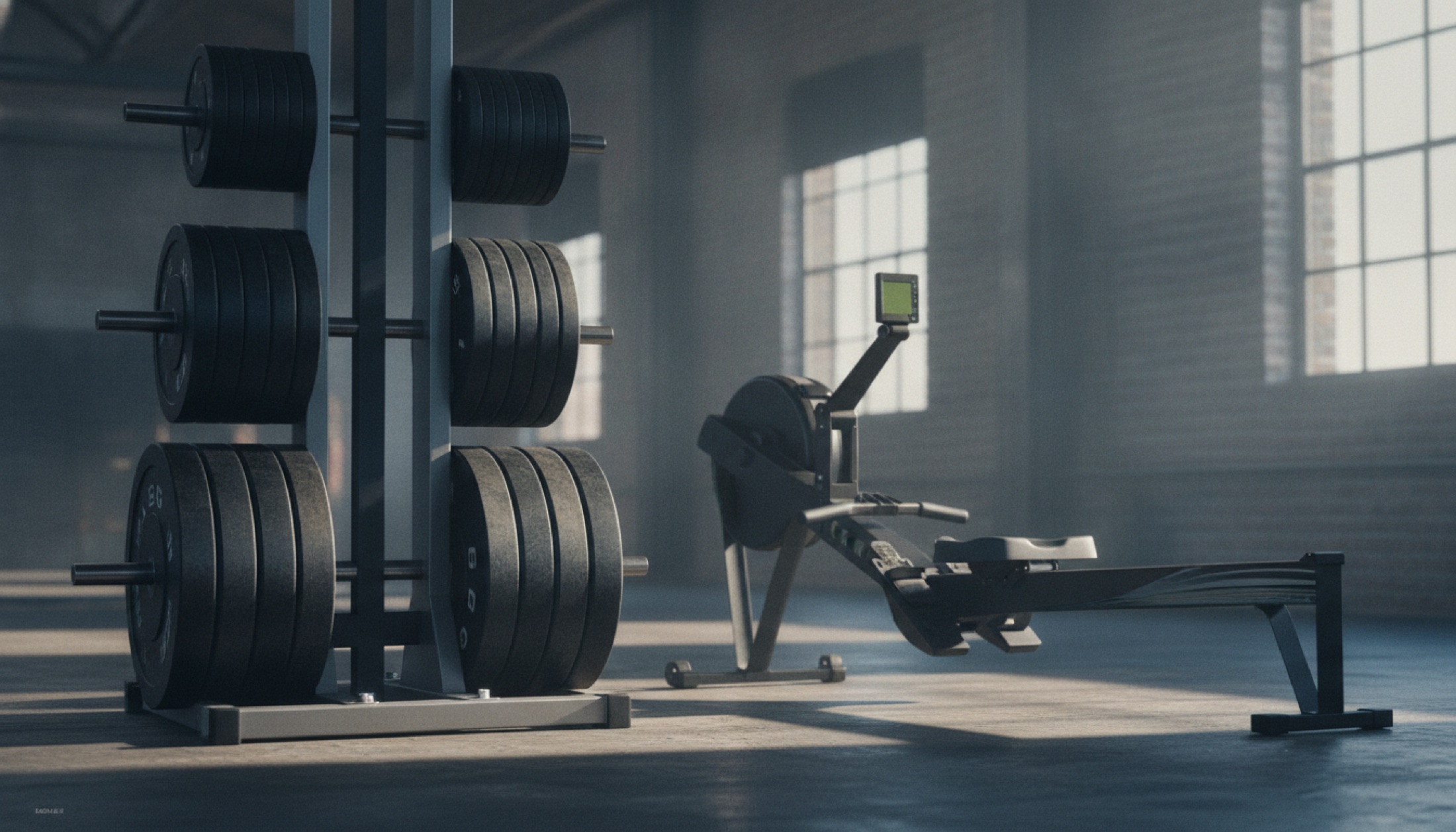 Spor salonunda yan yana duran barbell ve kürek ergometresi
