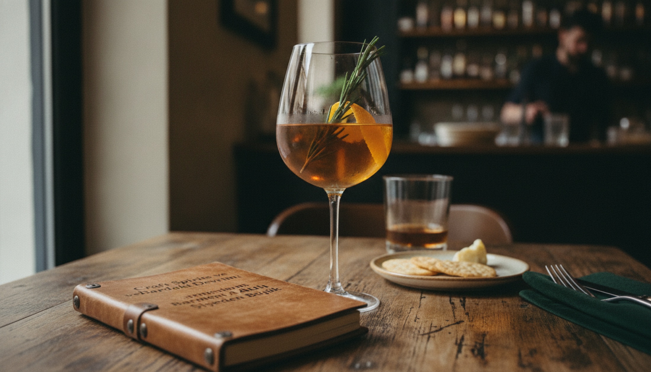 Craft kokteyl hazırlayan bartender elleri, bar rafında spirits şişeleri