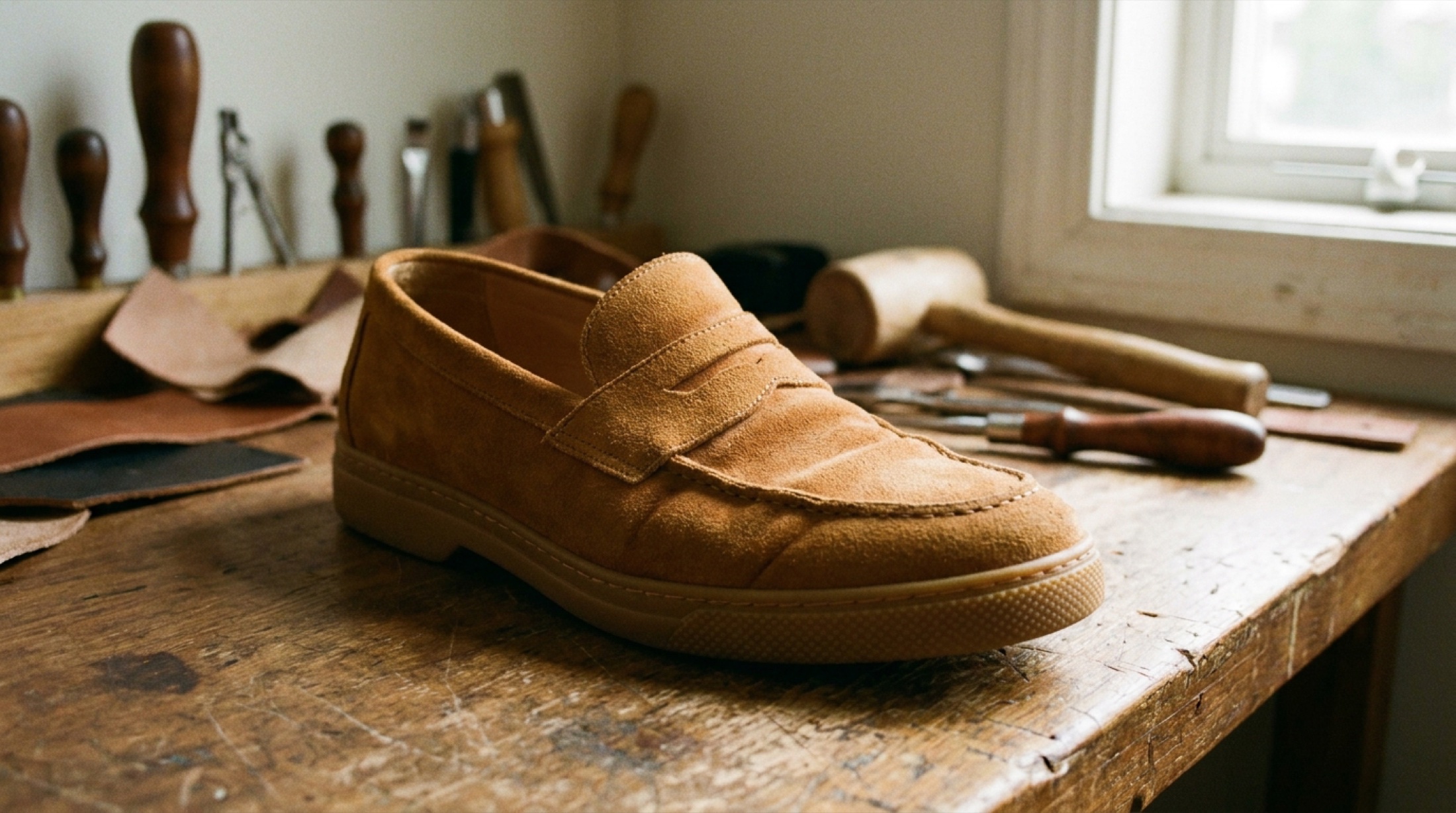Northampton atölyesinde gum tabanlı süet penny loafer, yanından gelen ışıkla taban detayı görünür.