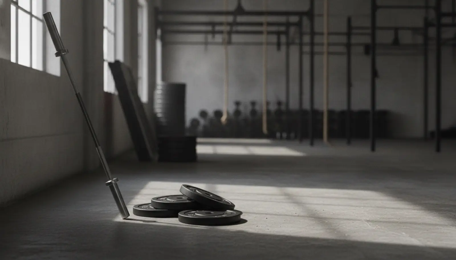 Boş bir Olympic barbell yerde yaslanmış, yanında ağırlık plakaları — deload haftasının sembolik durağı
