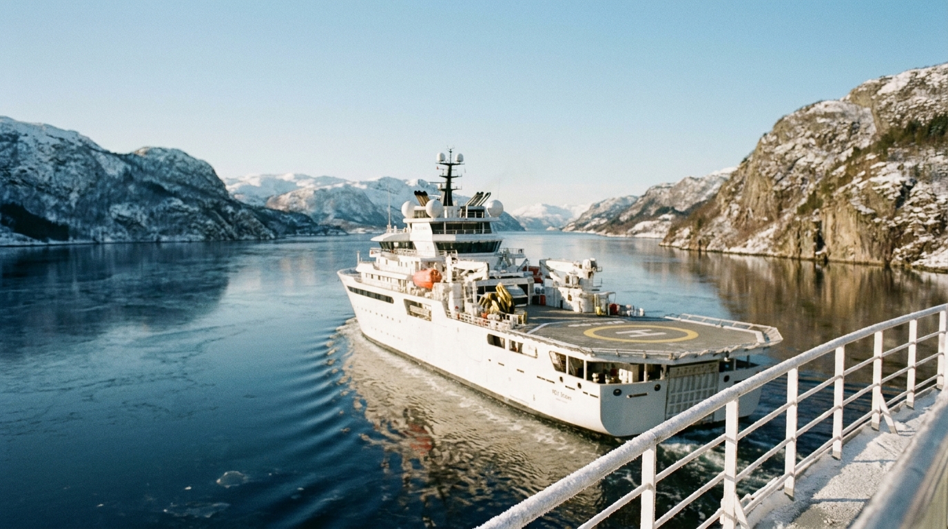 REV Ocean araştırma gemisi, Norveç fiyortlarında buzlu sularda ilerliyor, arka planda karlı dağlar.