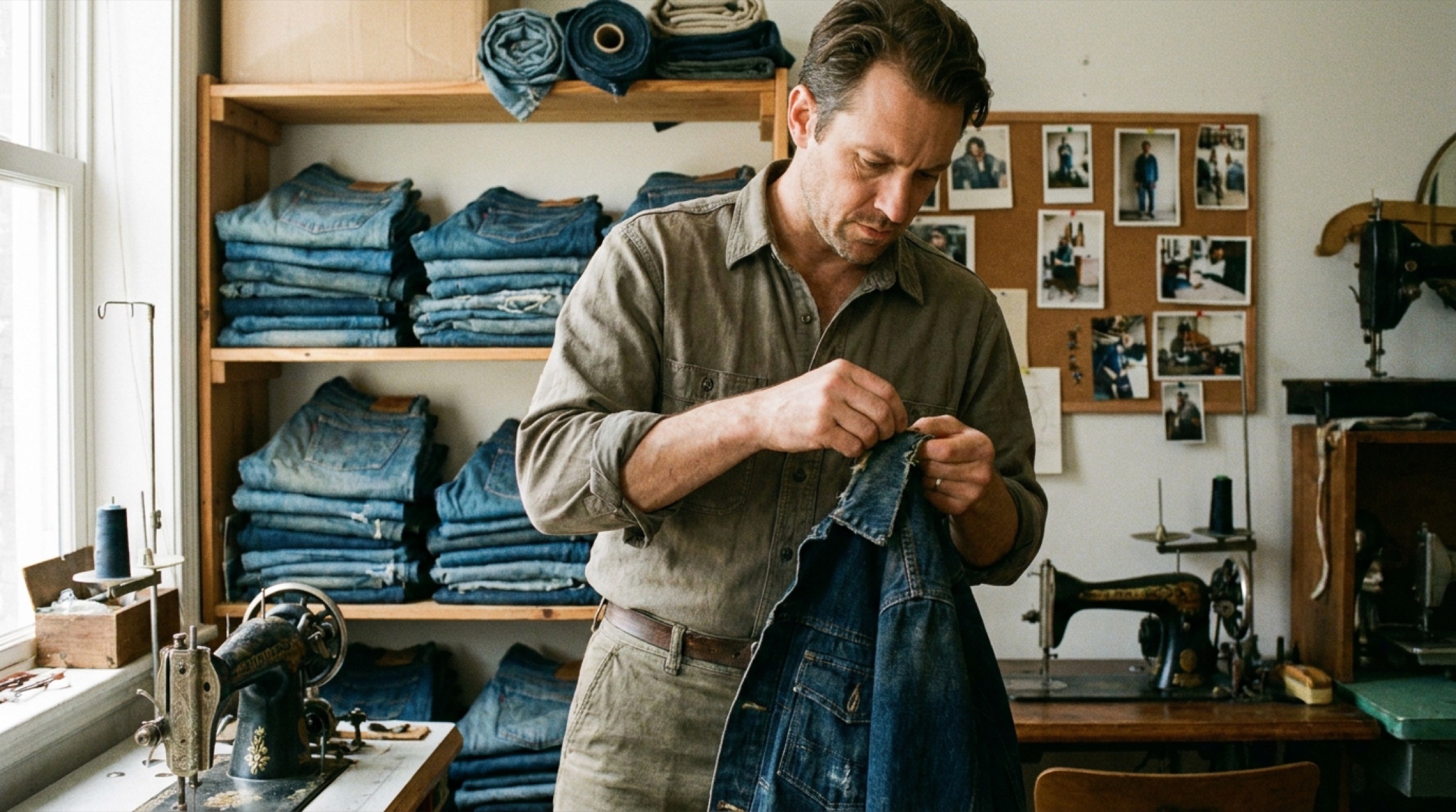Koyu indigo selvedge denim pantolon, yakın çekim, dikiş ve kenar doku detayı belirgin
