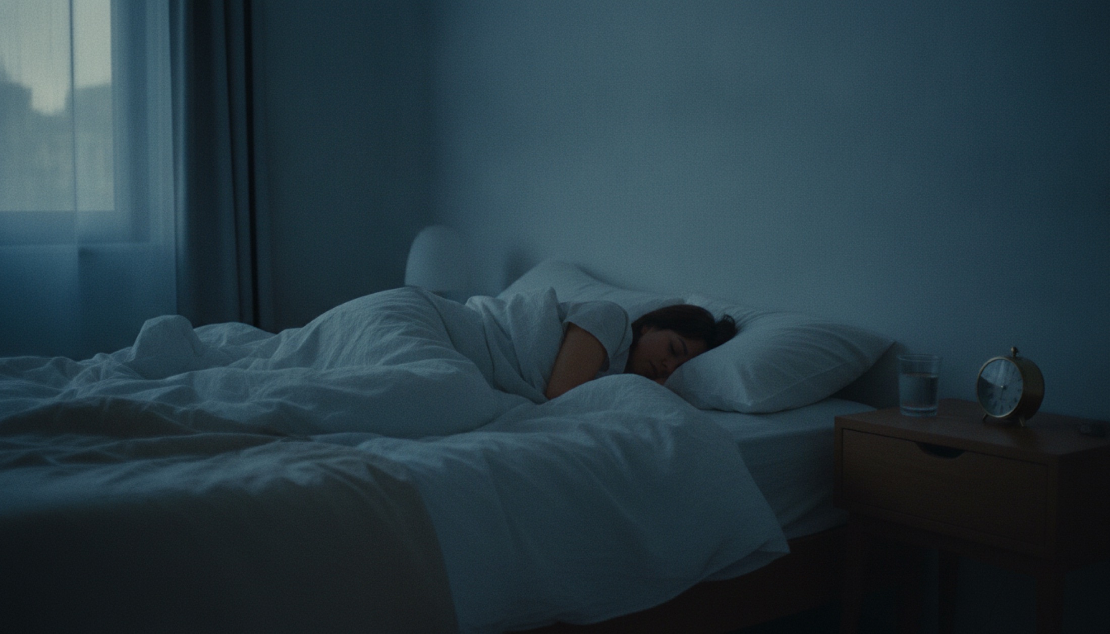 Minimalist yatak odasında derin uyku, keten çarşaflar ve gece ışığı