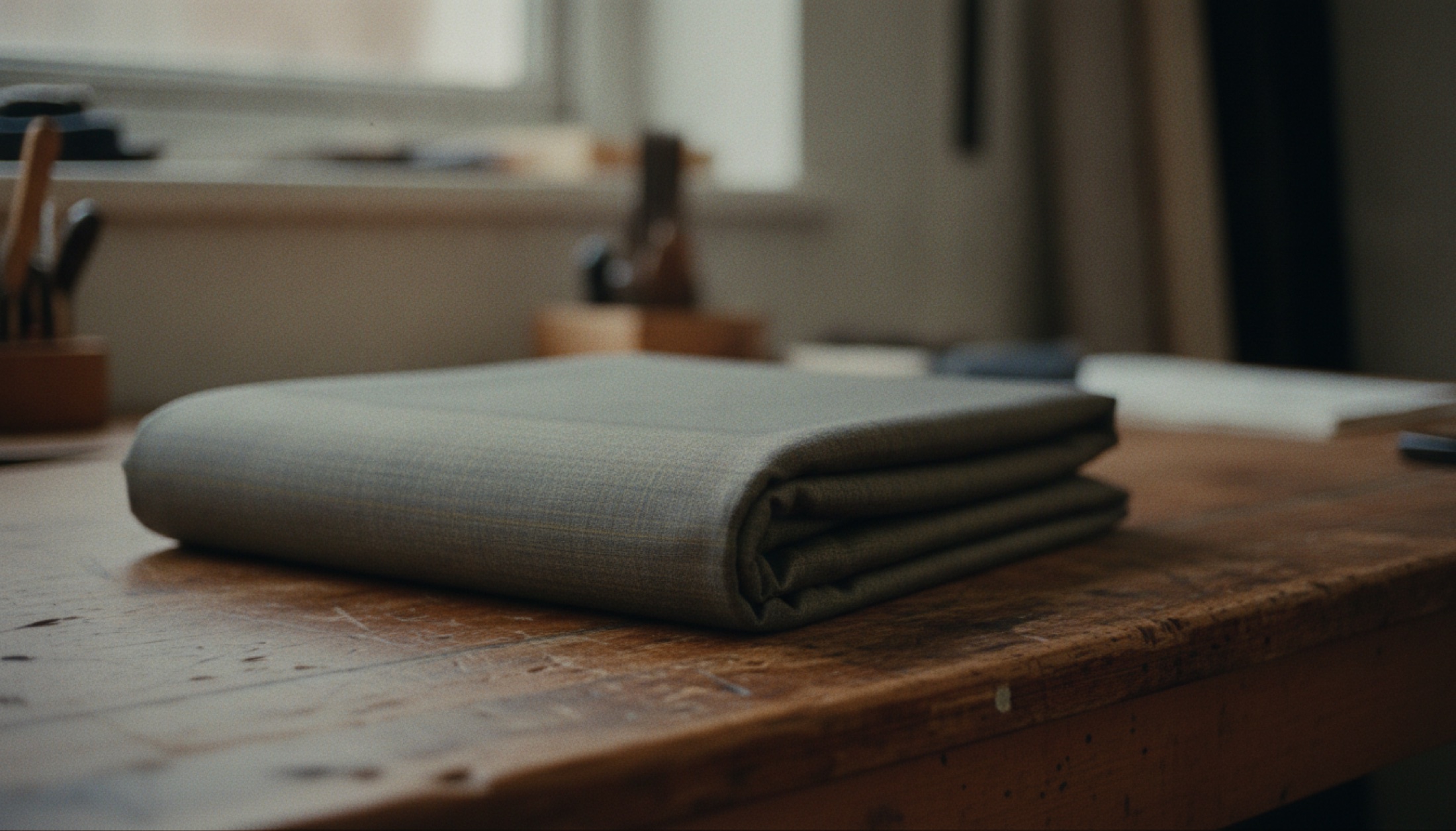 Dormeuil Infinity 7 koleksiyonuna ait ince yün-ipek kumaş topu, ahşap terzi tezgâhında doğal ışıkta.