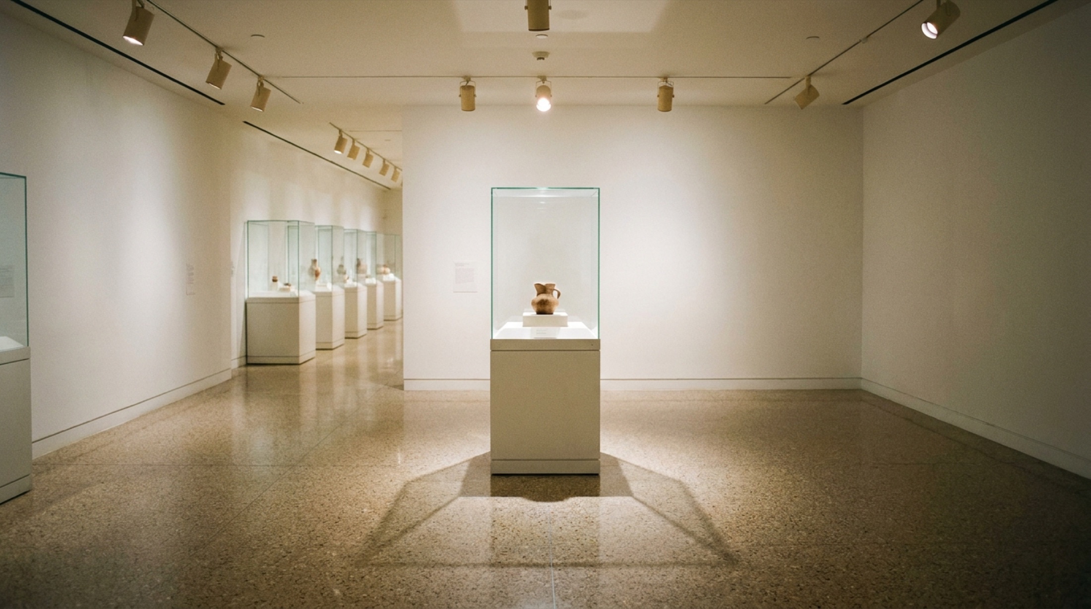 MoMA galerisinde mermer zeminli beyaz duvarlı salonun uzak köşesine uzanan cam vitrinler dizisi