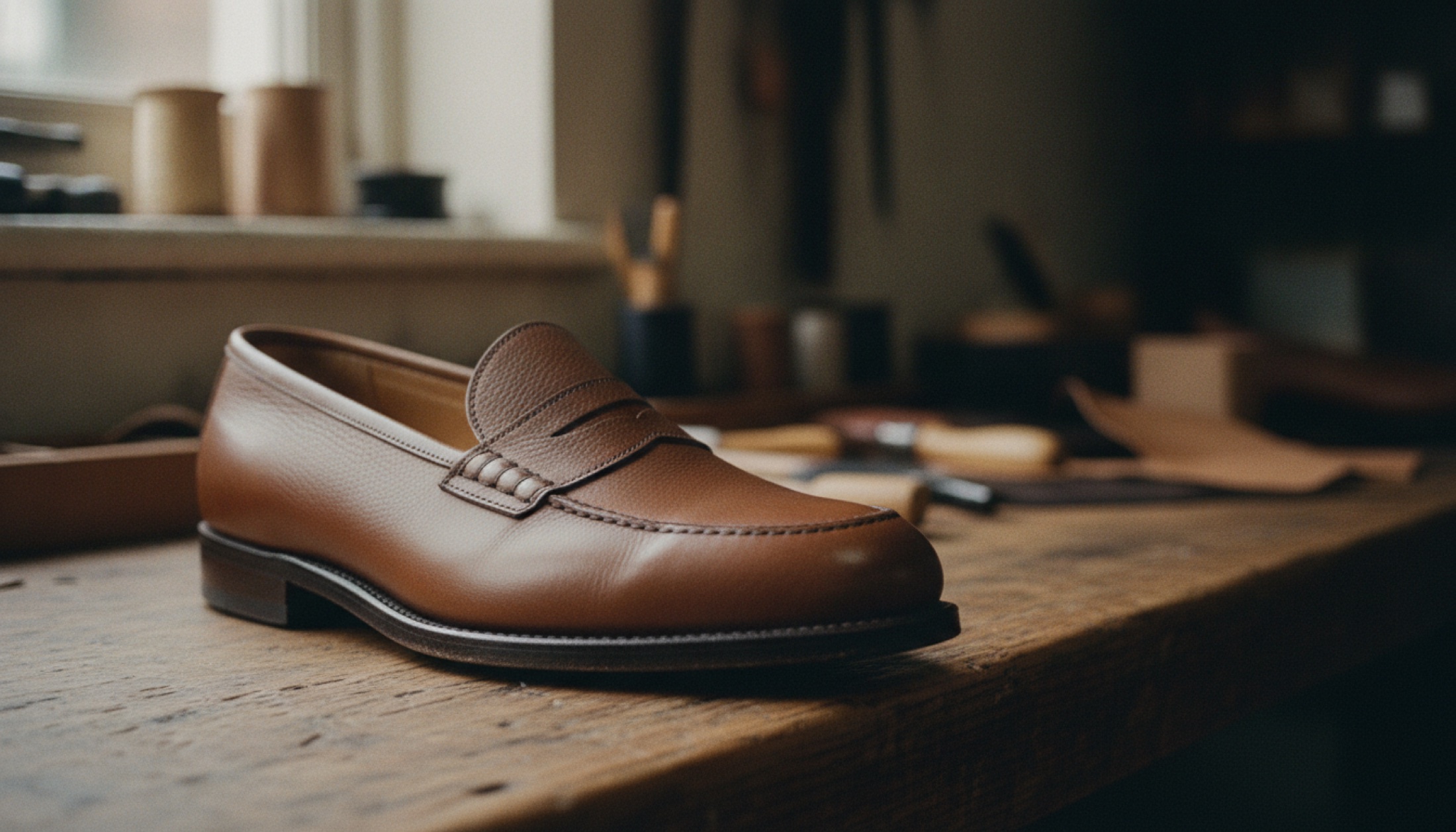 Northampton atölyesinde ahşap tezgâh üzerinde koyu açık kahverengi penny loafer detayı