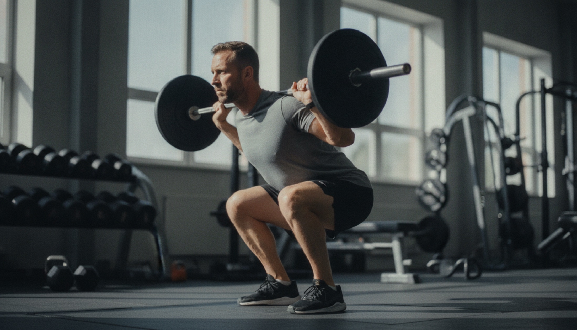 Bir sporcu barbelli squat hareketinin ekzantrik iniş fazında kontrollü biçimde alçalıyor