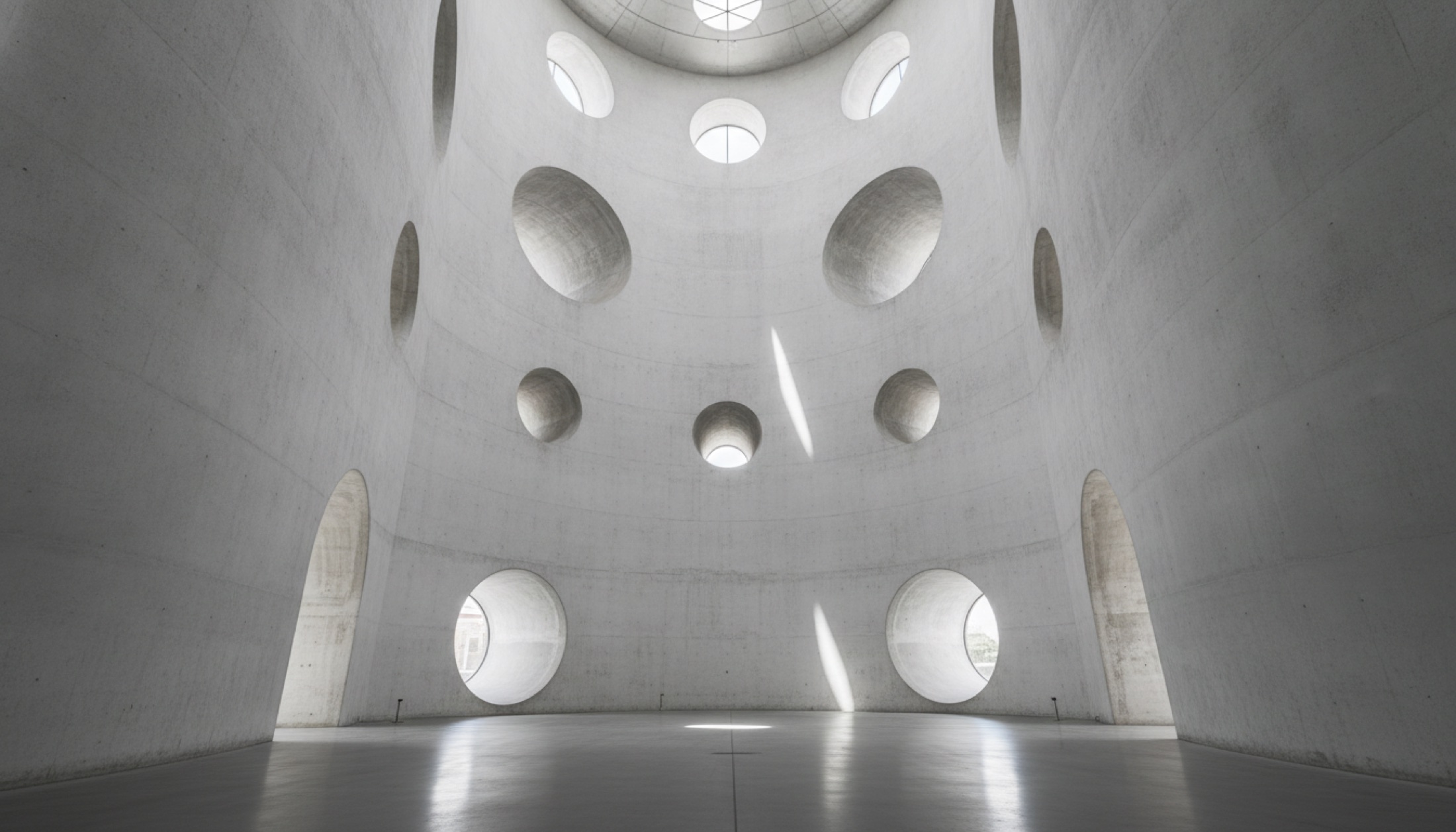 Çağdaş sanat müzesinin iç mekanı — silo mimarisine ait yuvarlak formlar, yüksek beyaz duvarlar ve dairesel pencerelerden süzülen doğal ışık