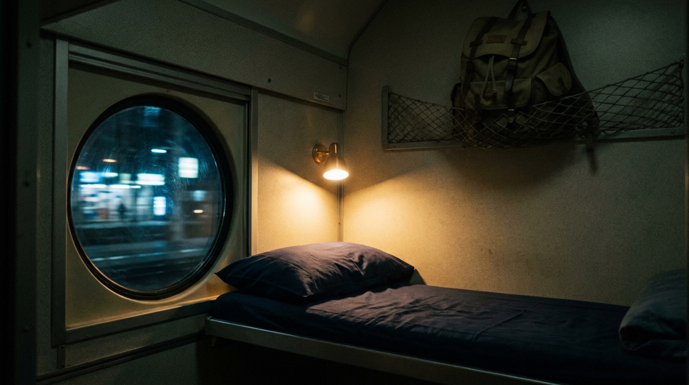 European Sleeper gece treni kompartımanı — deniz mavisi yatak çarşafları, porthole pencere ve geçen şehir ışıkları