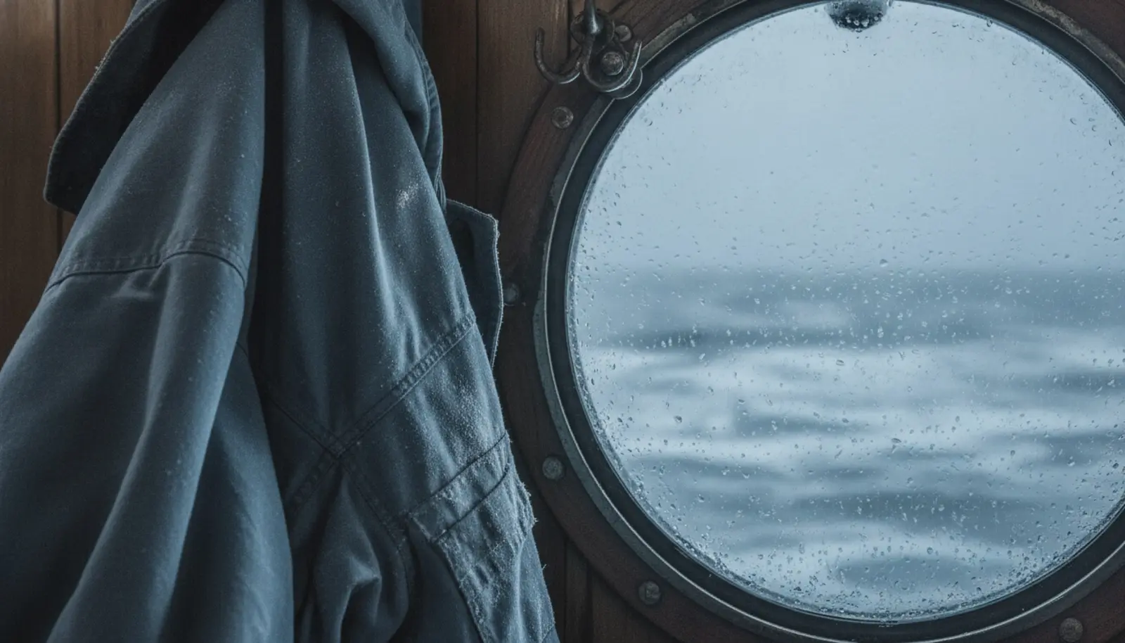 Nemli bir gemi kamarasında askıda duran eski bir ekspedisyon yağmurluğu ve buzul sisinin göründüğü porthole