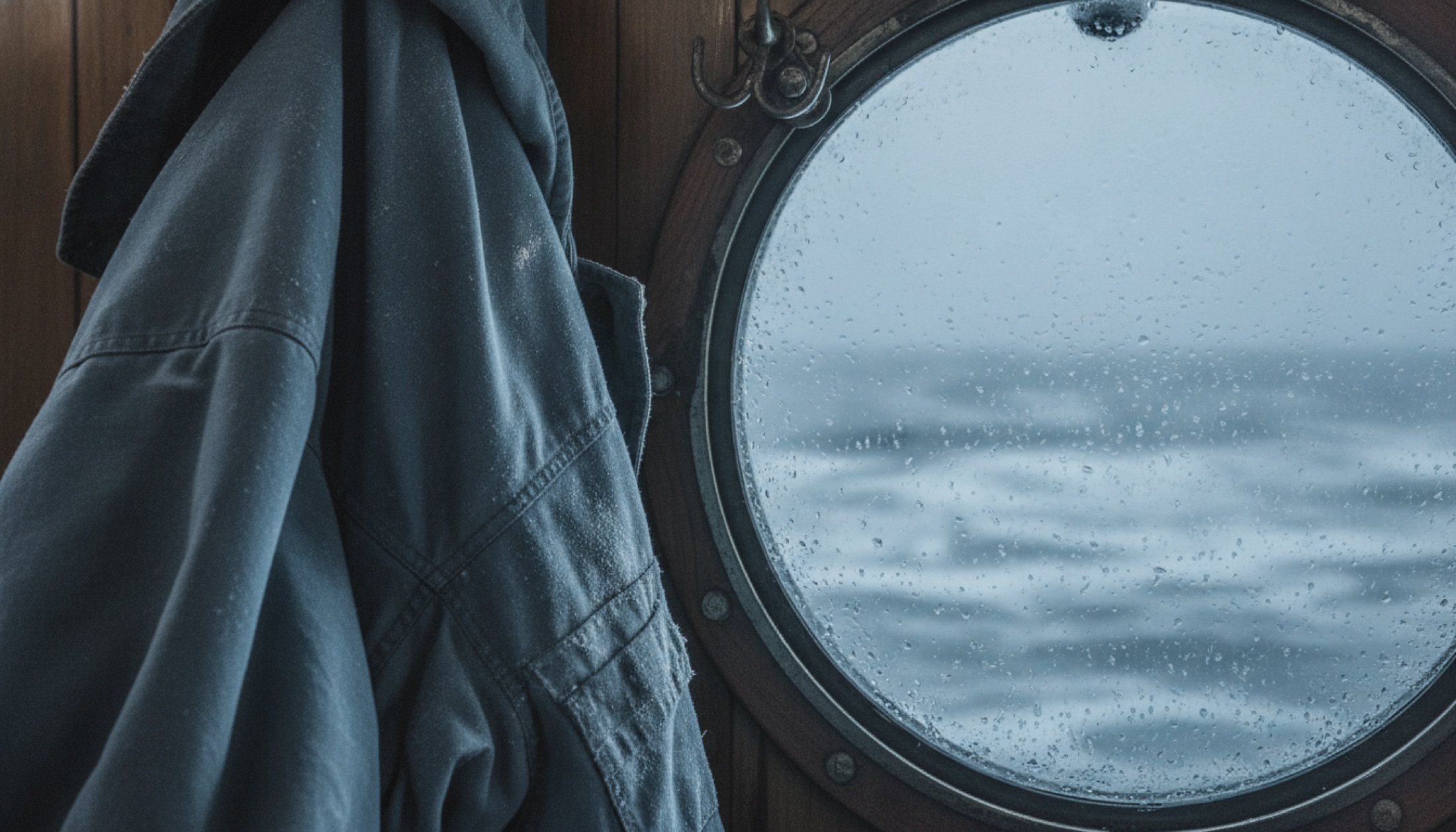 Nemli bir gemi kamarasında askıda duran eski bir ekspedisyon yağmurluğu ve buzul sisinin göründüğü porthole