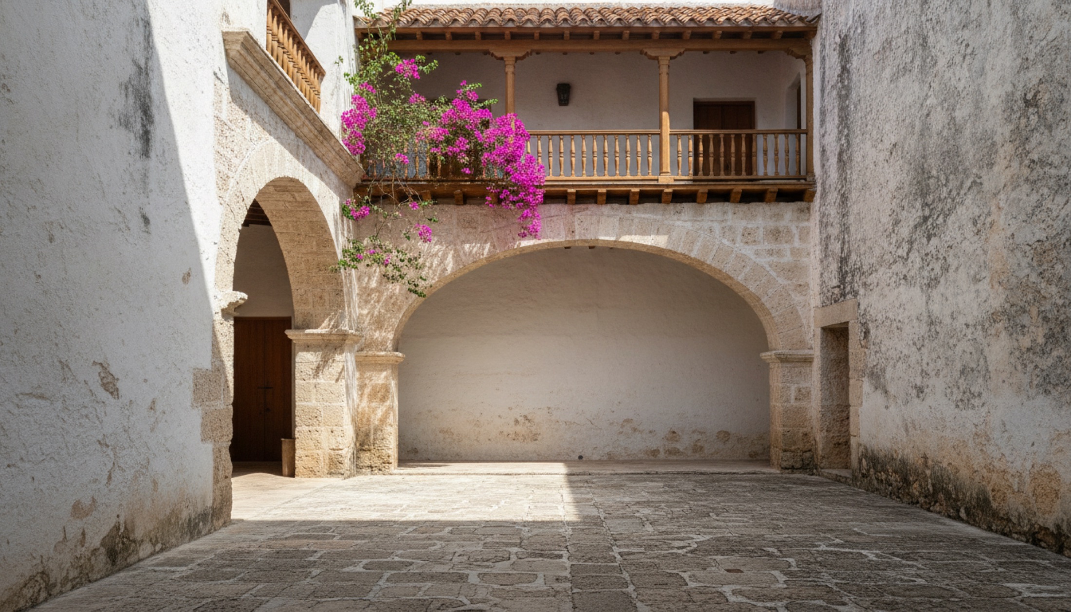 Cartagena'da 16. yüzyıldan kalma sütunlu taş avlu, ahşap balkon ve bougainvillea — öğleden sonra ışığı