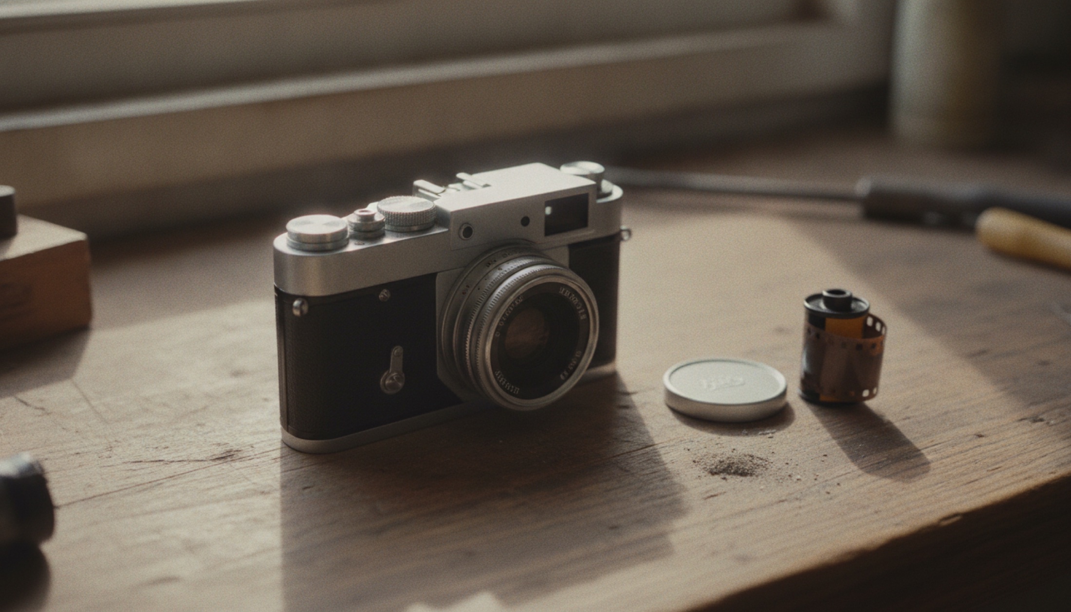 Rangefinder tarzı fotoğraf makinesi doğal ışıkta ahşap masa üzerinde