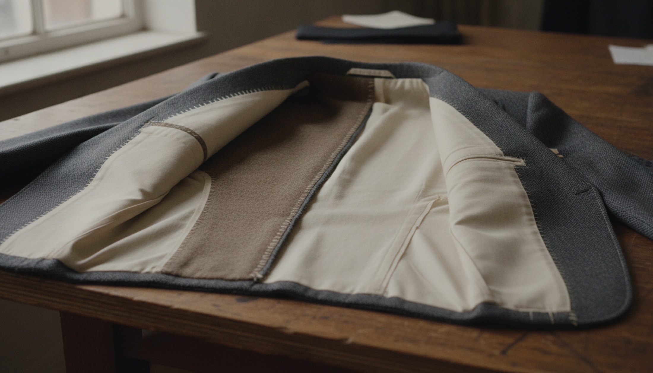 Bespoke ceketin açık ön paneli: solda at kılı canvas katmanı, sağda canvas'sız pamuk yapı