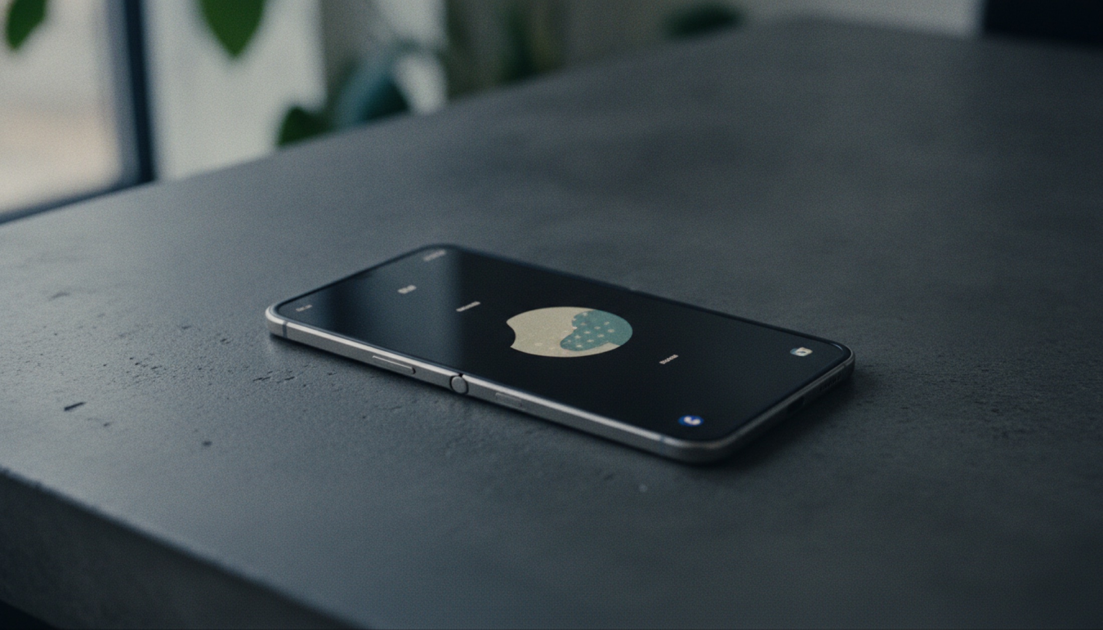 Galaxy Z Fold 8 açık hâlde, 7.6 inç 4:3 iç ekranı görünür şekilde, koyu mat zeminde
