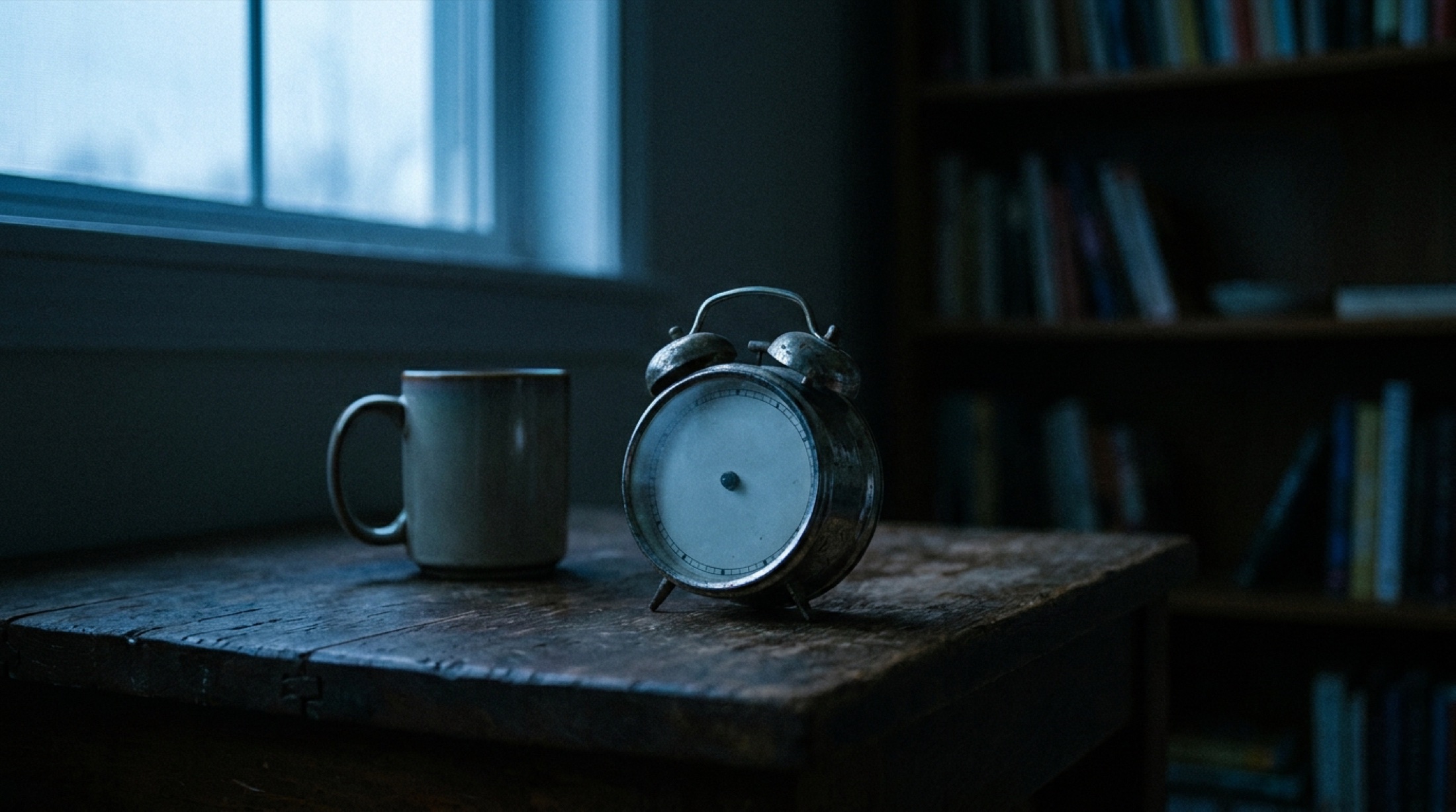 Karanlık ahşap yüzeyde analog saat, alacakaranlık ışığı, gece atmosferi, serin mavi-siyah tonlar.