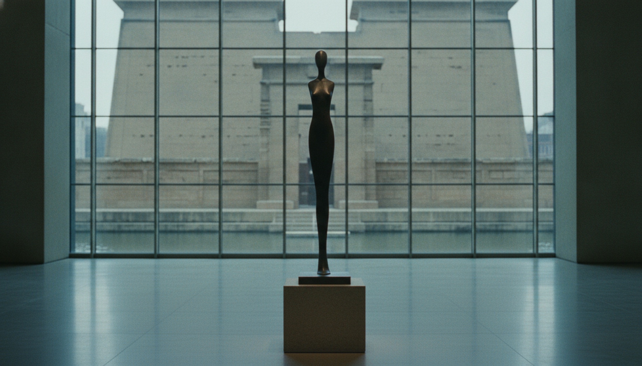 The Met'in cam salonunda Dendur Tapınağı önünde Giacometti bronz figürü