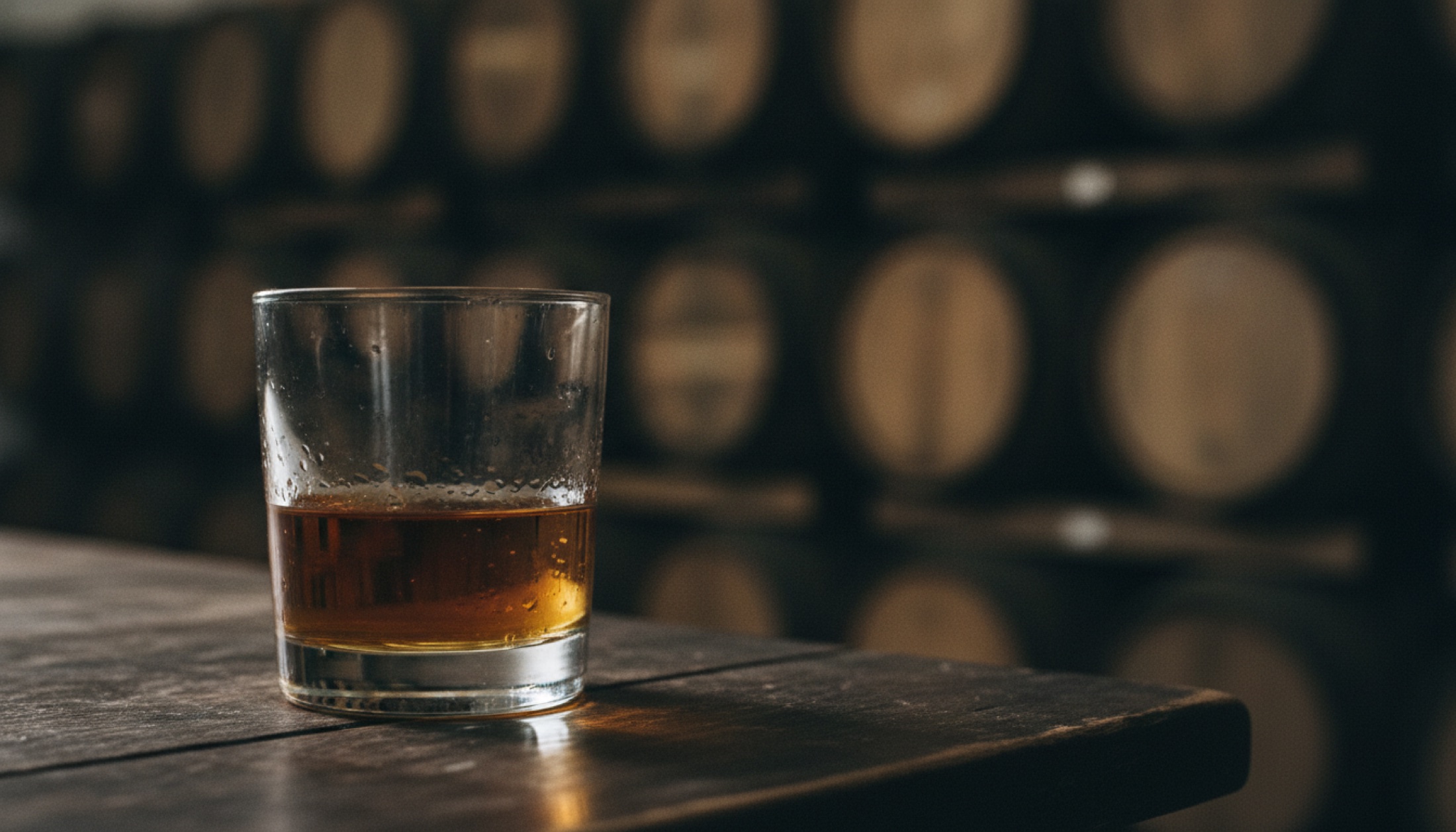 Speyside malt deposunda amber ışıkta bir kadeh cask strength single malt viskisi