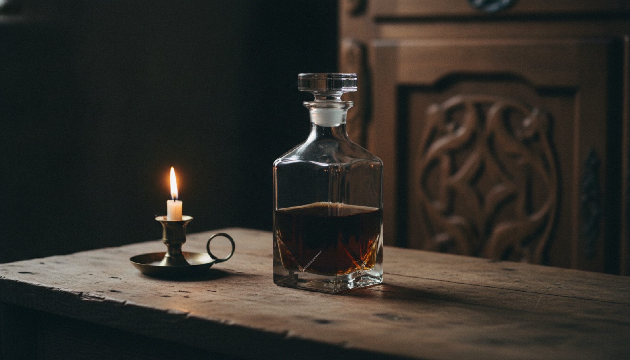 Kristal dekanterde 56 yaşında GlenDronach viskisi, meşe ahşap zemin üzerinde, arka planda el yapımı ceviz kabine